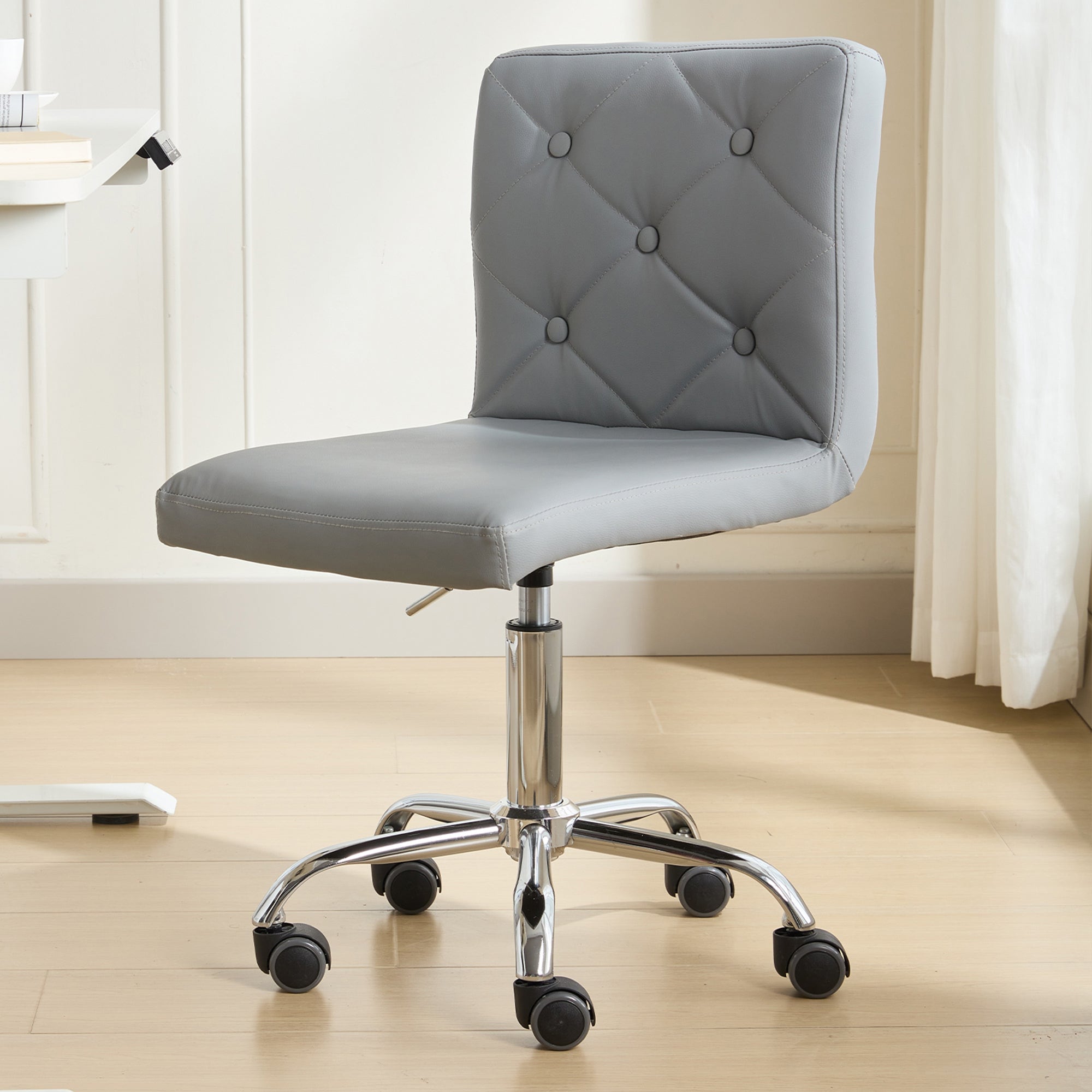 Vecelo LOE-OC05-LGRY Armless Office Desk Chair Modern Tufted Task Chair Faux Leather Upholstered Computer Chair with Adjustable Seat Height