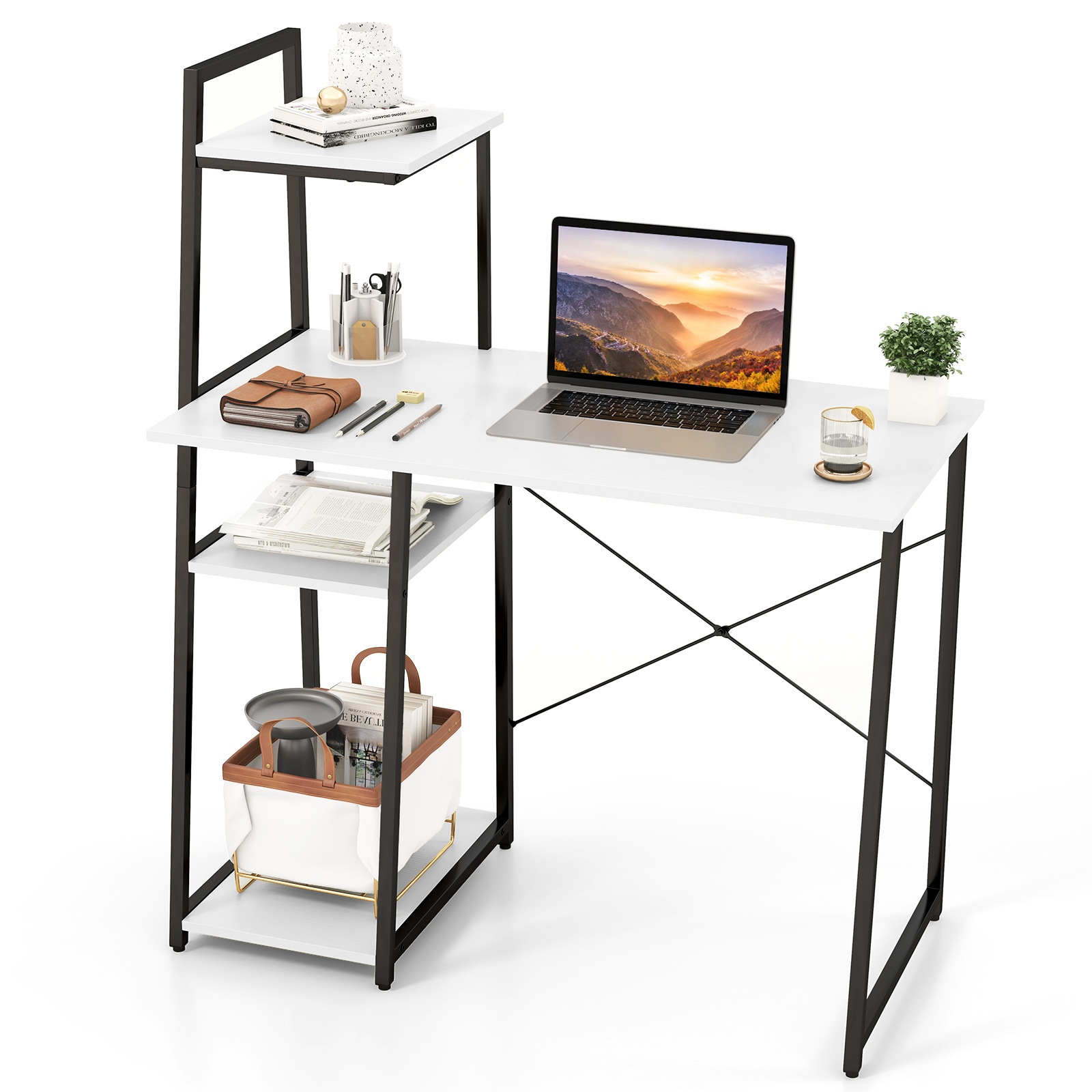 Slickblue D-CO-HW61701BC 39.5 inch W- Natural/ Brown/ White Computer Desk Metal Engineered Wood 3-Tier Storage Bookshelf for Home Office Apartment or Small Space