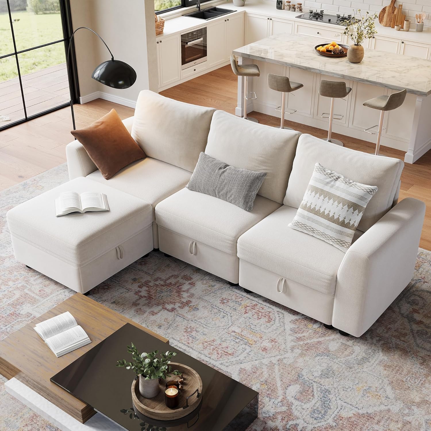 Garvee Sectional Couches for Living Room Cloud Couch Sectional with Large Storage l-Shape Modular Sectional Sofa with Ottoman Beige 4-Seater