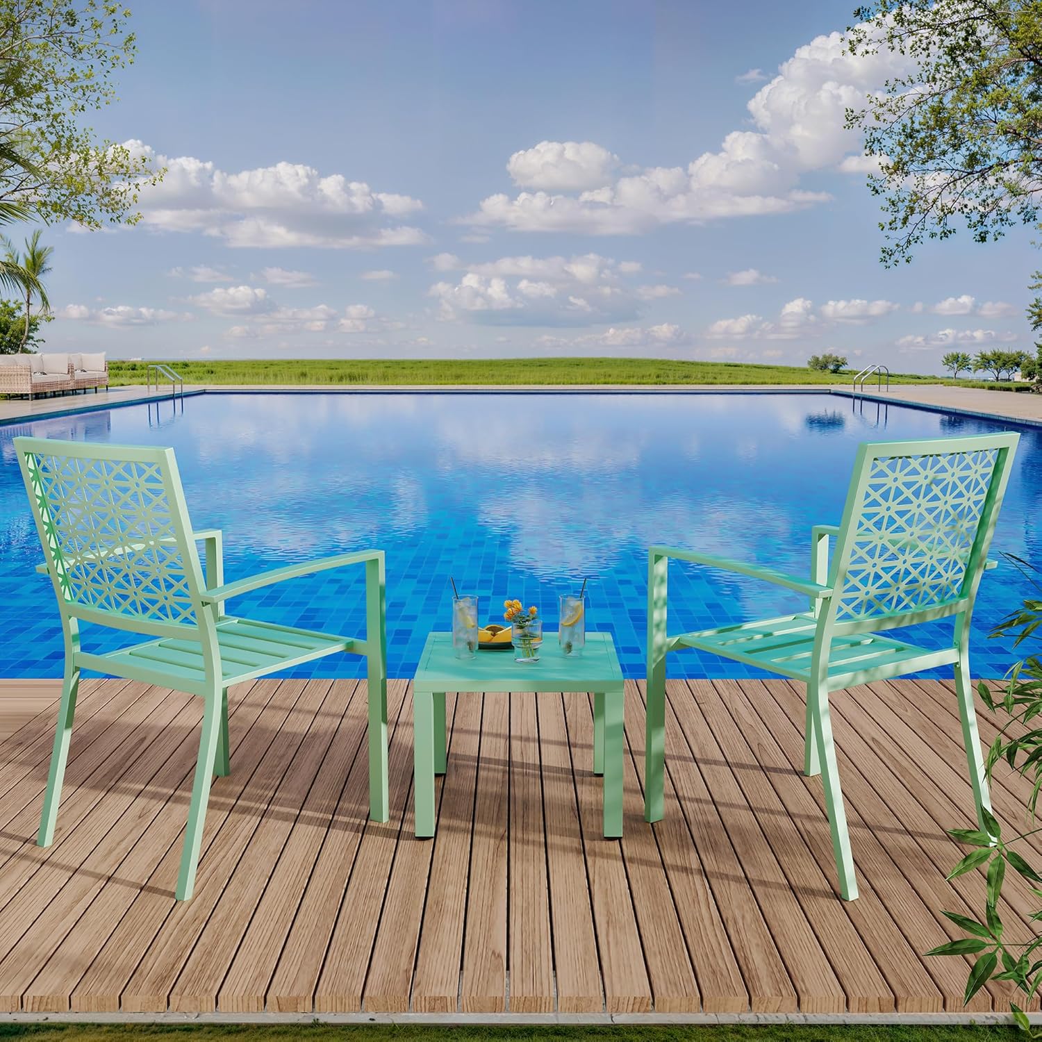 Qeetex LHF-DYQ-PPG-334XS8Q6 3 Piece Outdoor Patio Table and Chairs Set Small Bistro Table and Chairs Set of 2 Coffee Table Balcony Furniture Sets for Apartments Outside Bistro Dining Sets for Backyard/Porch/Deck/Pool (Green)