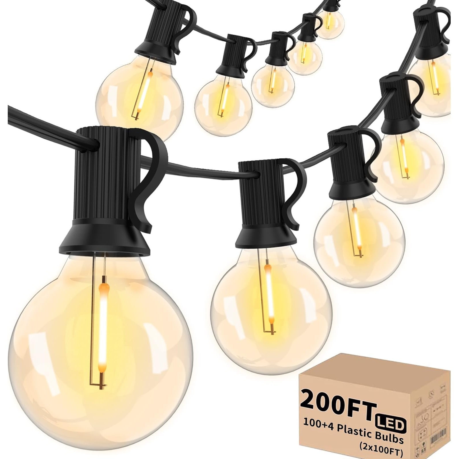 Slagawa  Warm White 2700K 200 FT Outdoor String Lights with 104 Shatterproof LED Bulbs Commercial Grade Plastic Hanging Light for Patio Bistro Backyard Cafe Market