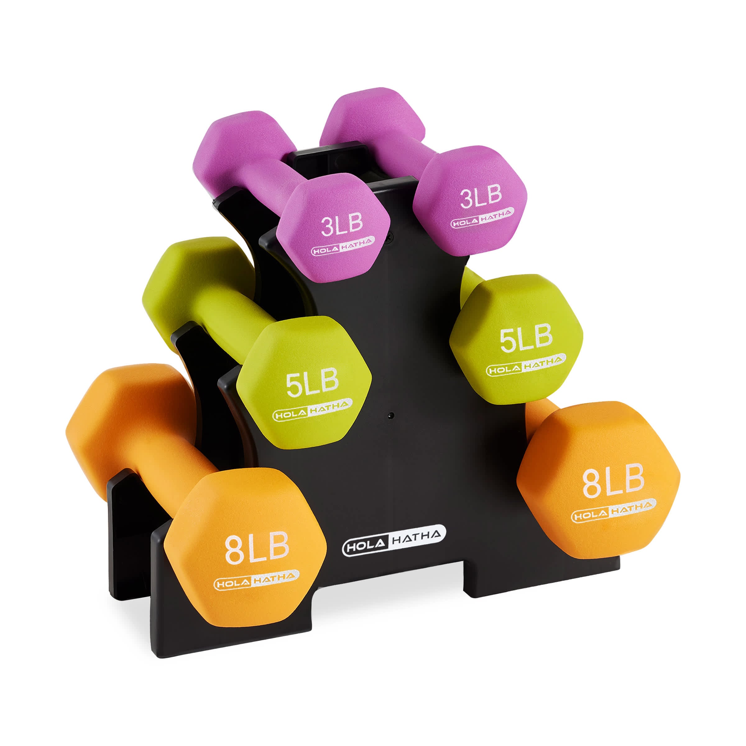 HolaHatha 203759 3 5 and 8 Pound Neoprene Dumbbell Strength Training Weights Set Rack