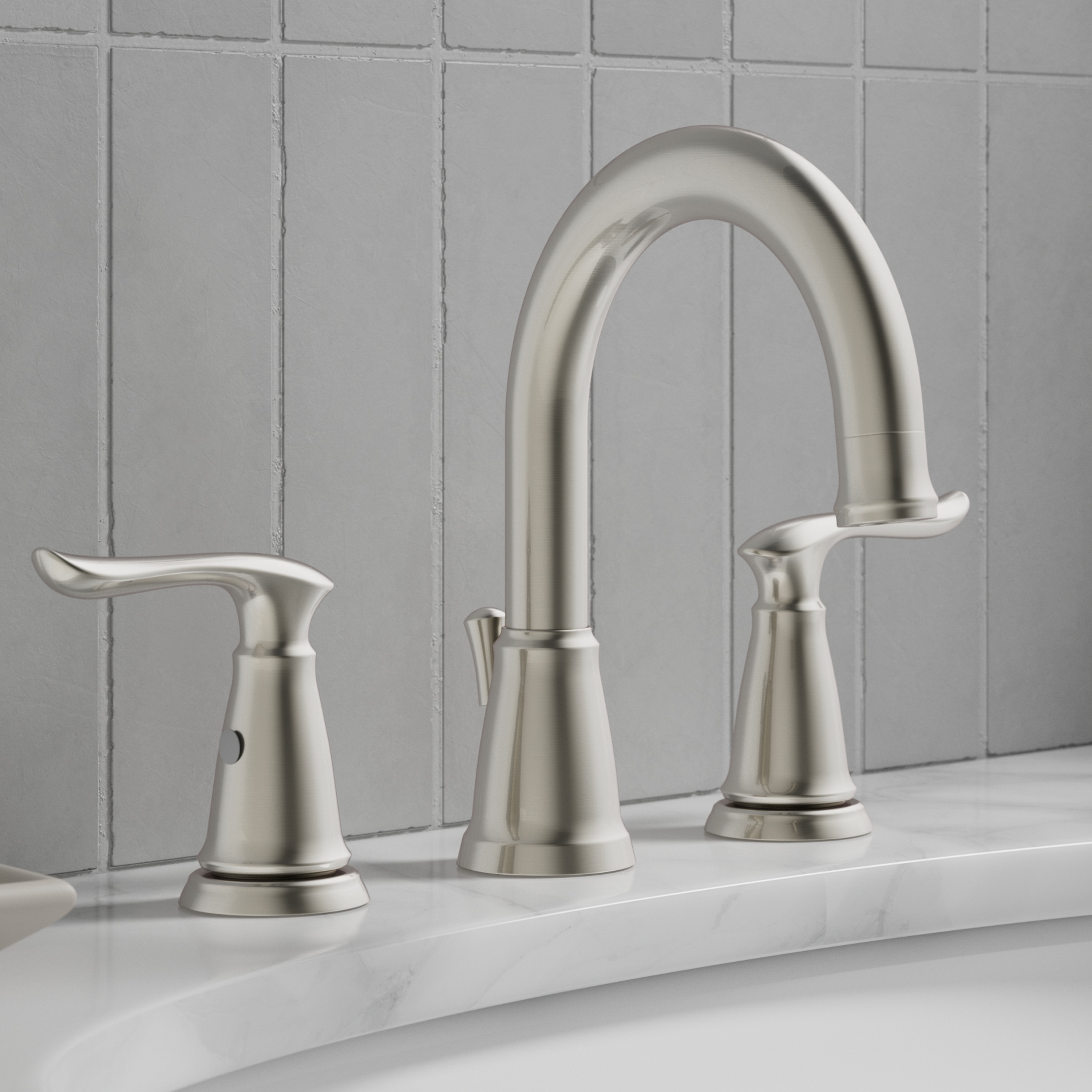 Project Source FW6AC034NP Wayton Brushed Nickel Widespread 2-handle WaterSense High-arc Residential Handle Bathroom Sink Faucet with Drain