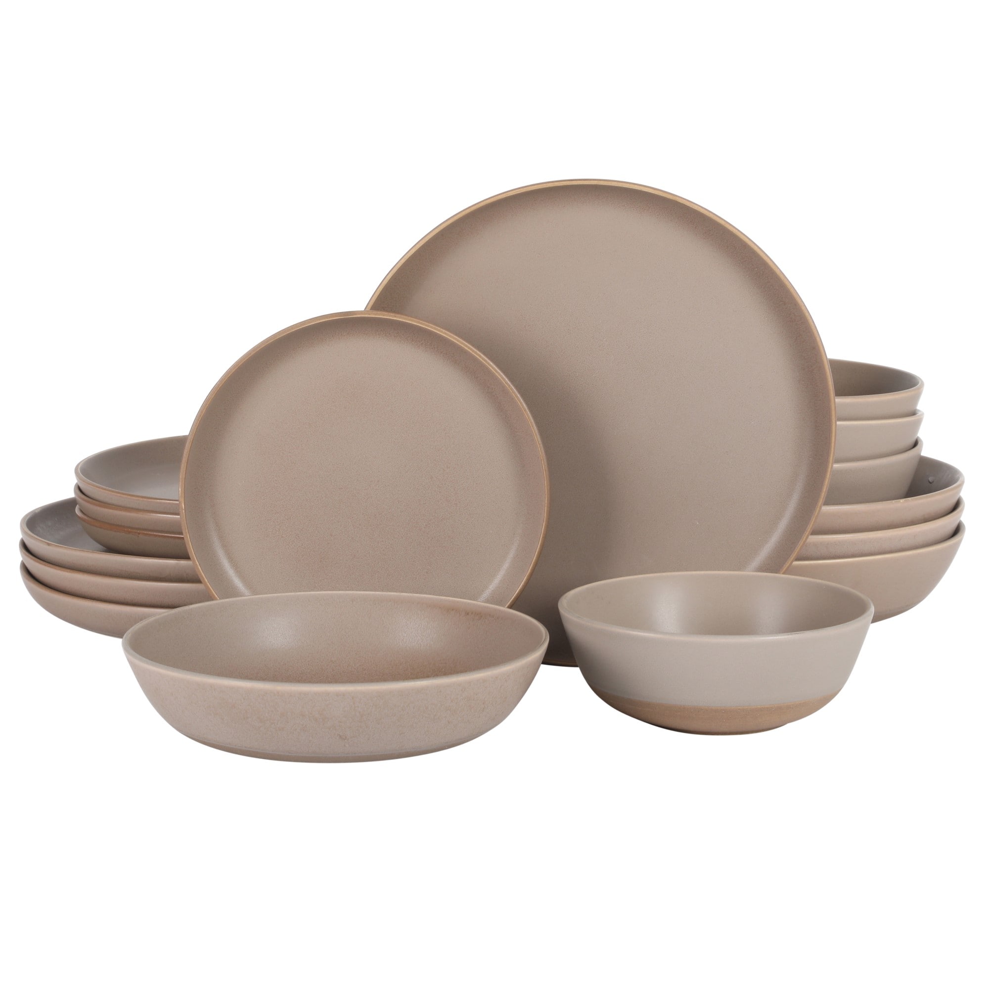 Gibson Elite 148932.16R Laguna Bliss 16 Piece Stoneware Reactive Glaze (Service for 4) Ceramic Plates and Bowls Dinnerware Set - Matte Beige-Gray W/ Terracotta Bottom