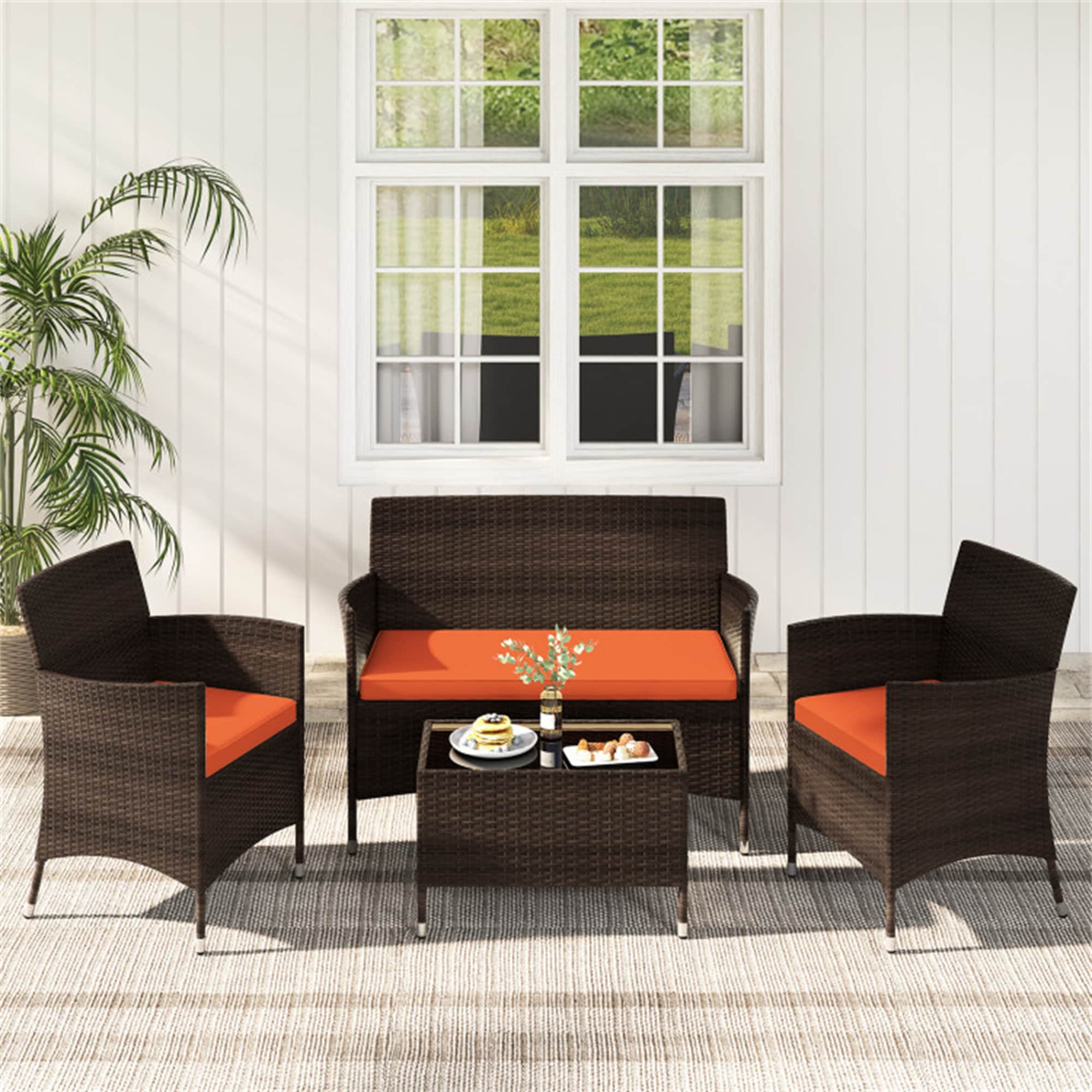 BABOOM BOM-67772OR-CO Outdoor Furniture Set 4 -Piece Rattan Patio Conversation Set with Orange Cushions