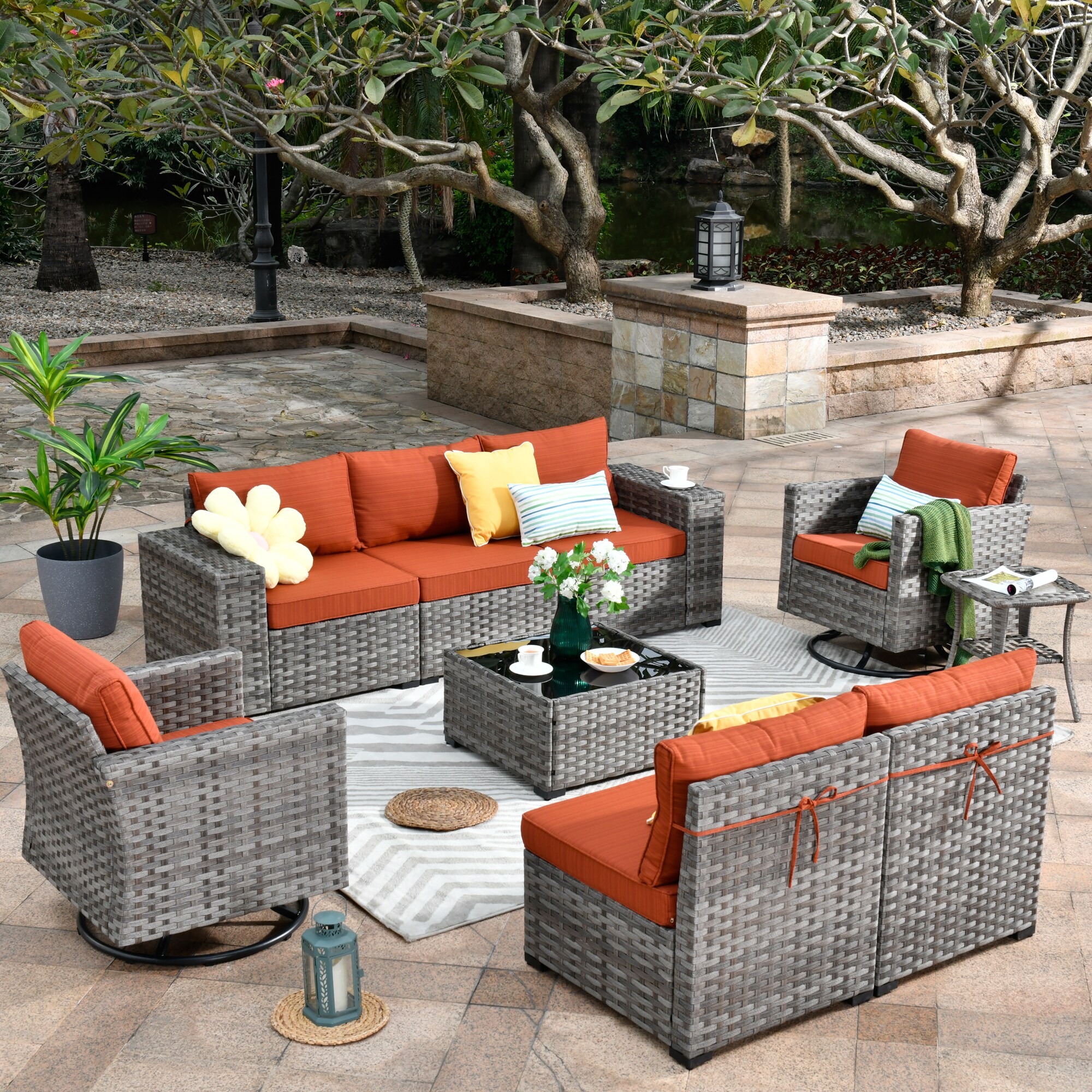 Pouuin 9-Piece Rattan Patio Conversation Set with Red Cushions in the ...