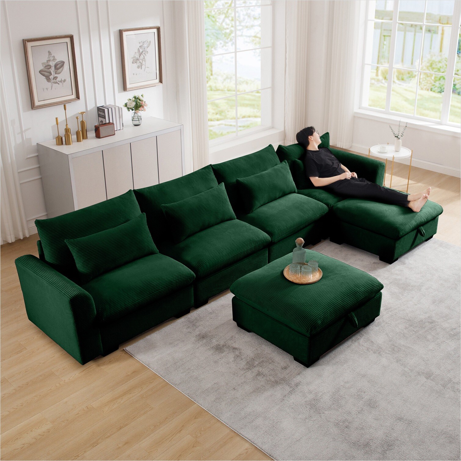 Naturefalls Green corduroy U-shaped sectional sofa with storage ...