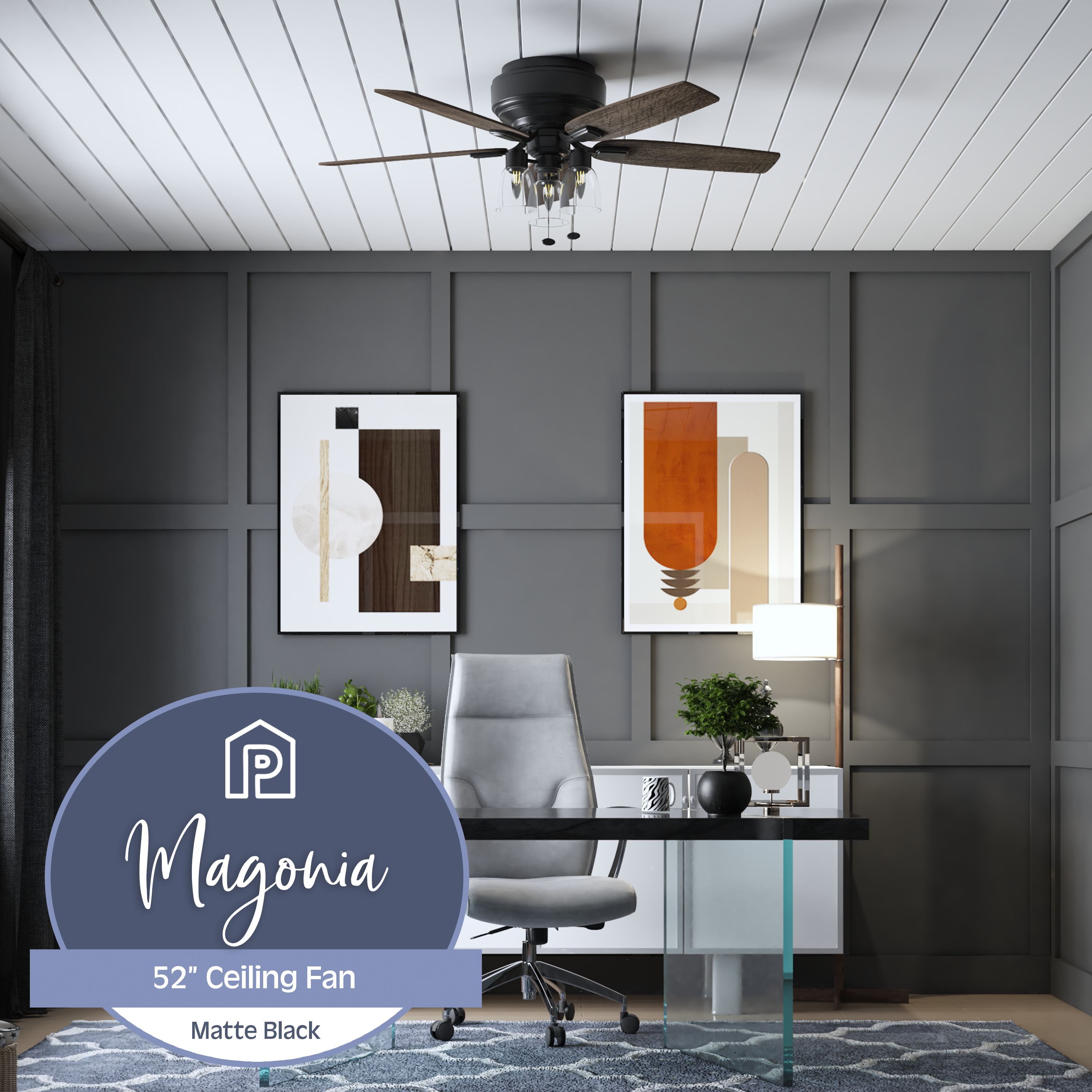 Magonia 52-Inch Matte Black and Pine Ceiling Fan with Light