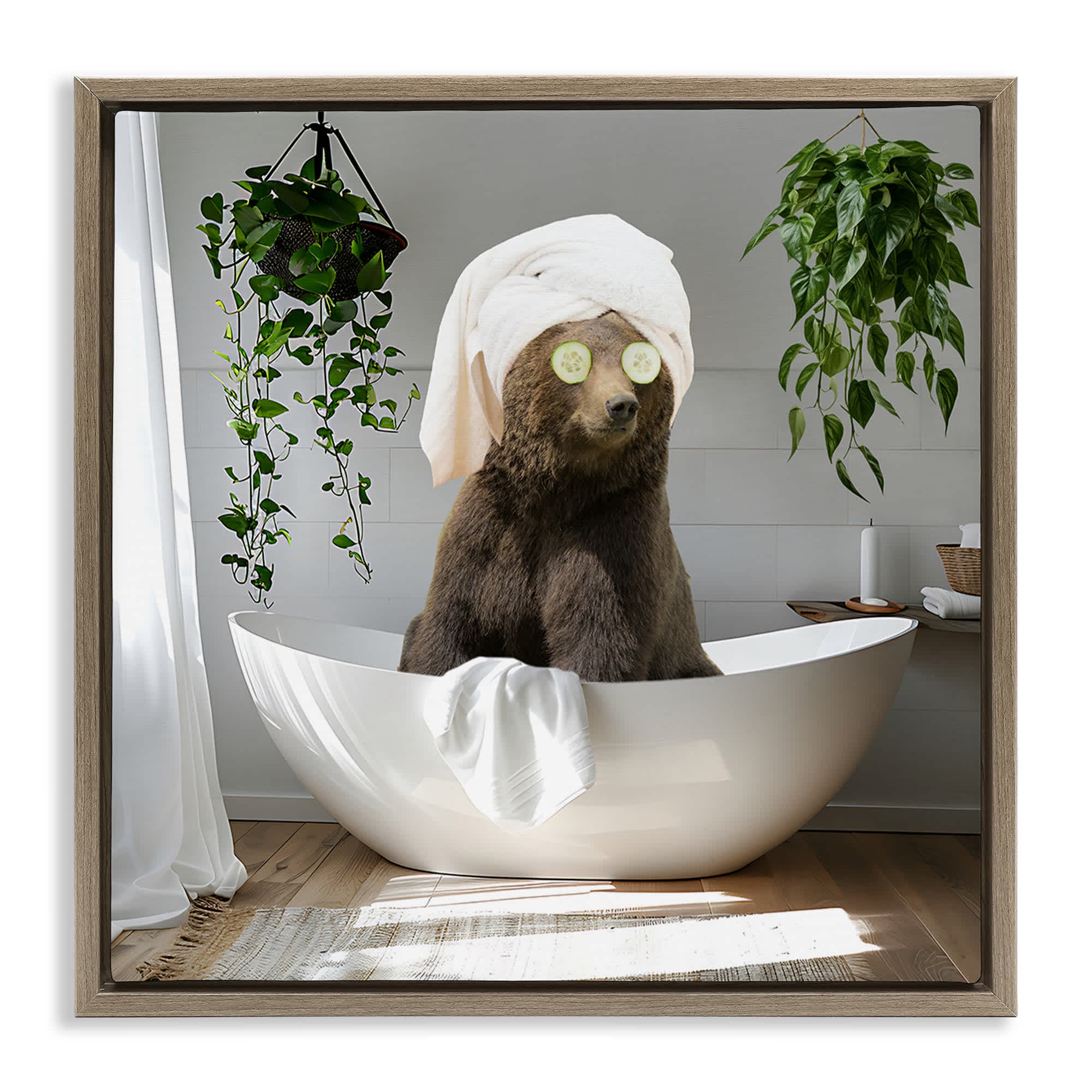 Stupell Industries BS-142-FFE-24X24 Bear in Refreshing Spa Bath Brown Framed Floater Canvas Wall Art By CAD Designs 25 x 25