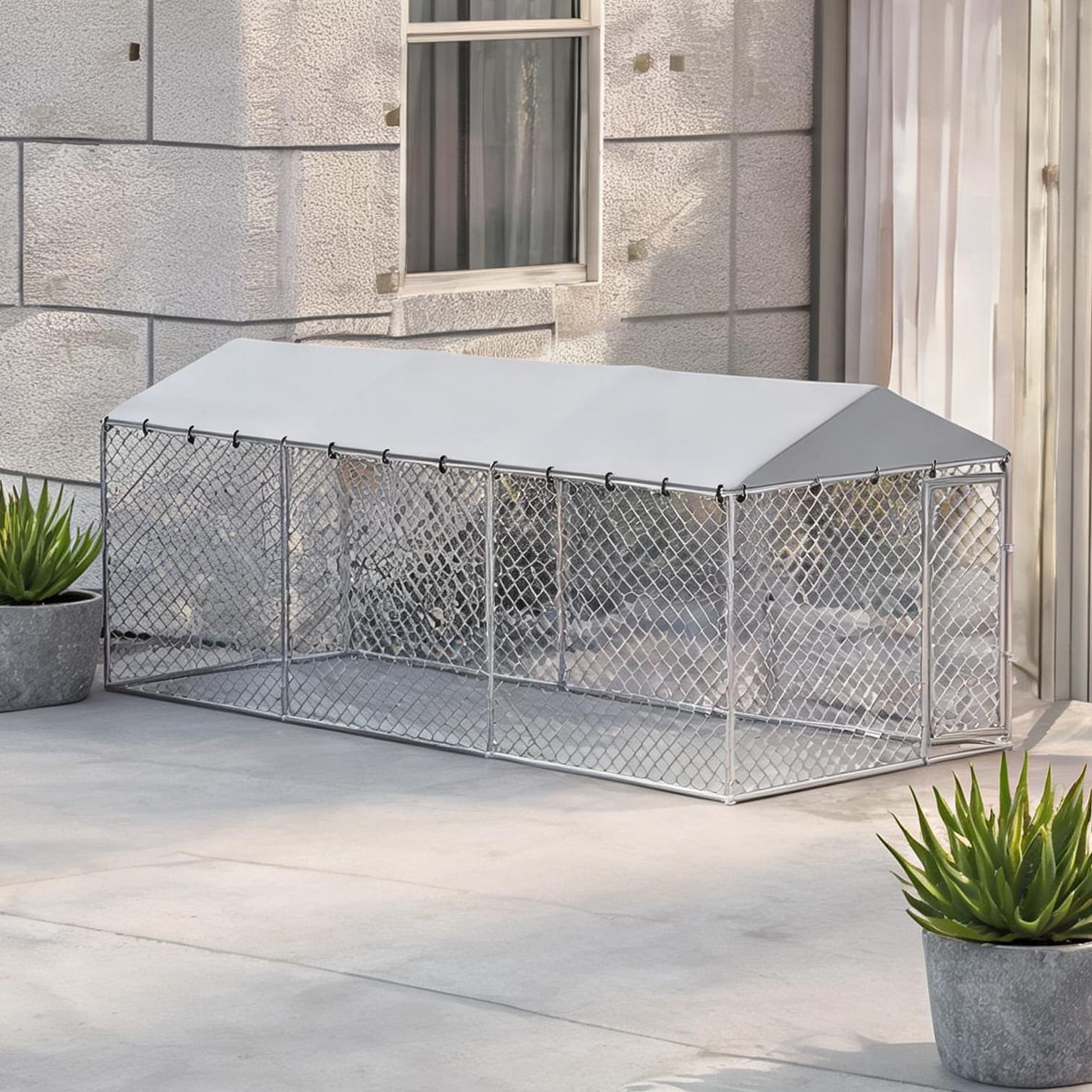 BBabe Spacious Galvanized Steel Outdoor Dog Kennel with practical Roof Cover 20 x 7.5 x 6.5 Feet Silver-Tone