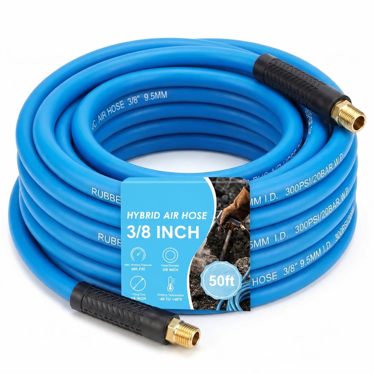 KIWDZFU  50 FT Hybrid Air Hose 3 slash 8 Inch I D Air Compressor Hose with 1 slash 4 Inch Industrial NPT Fittings 300 PSI Kink Resistant