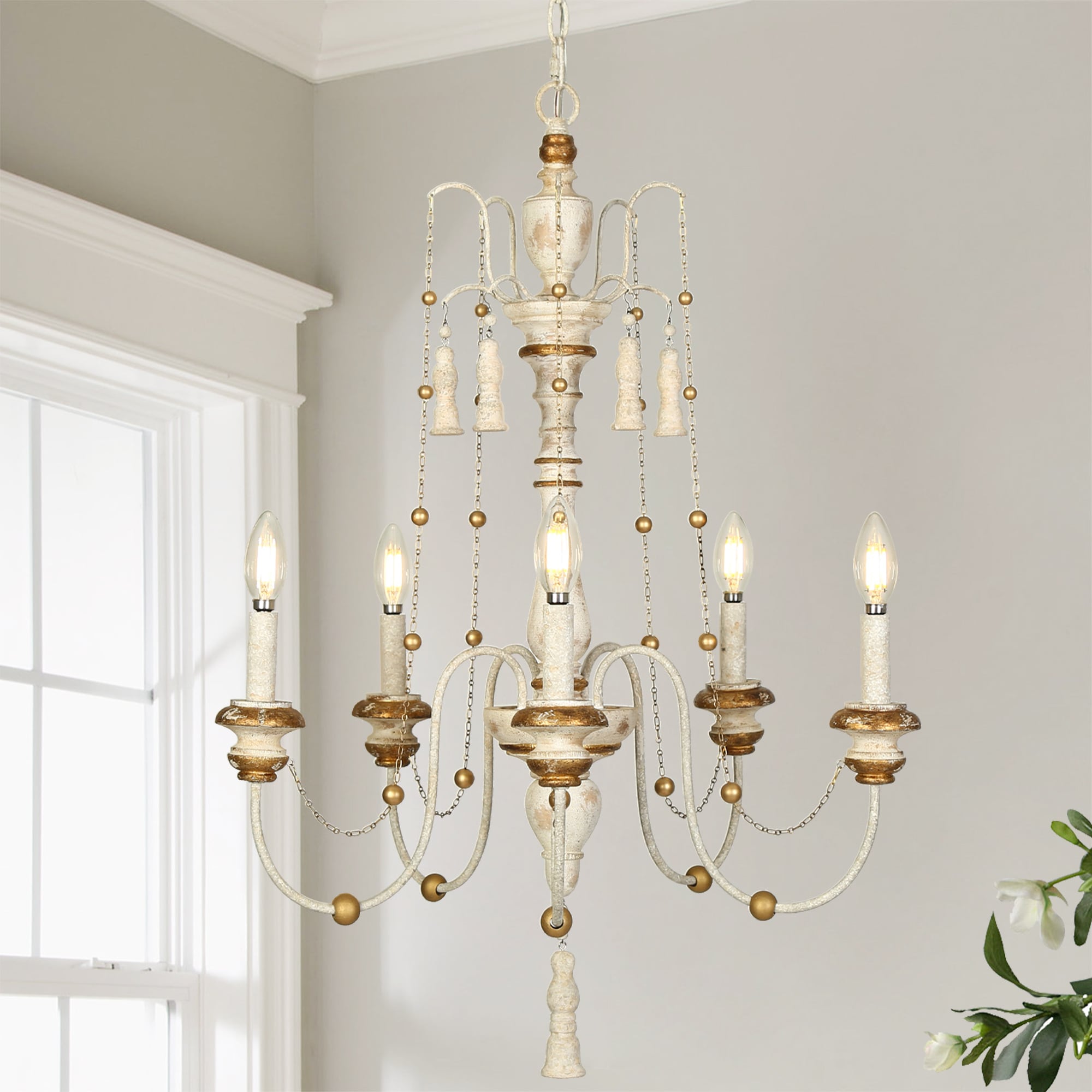 Rustic French Country 6 Light Chain good Hung Chandelier, White Distressed