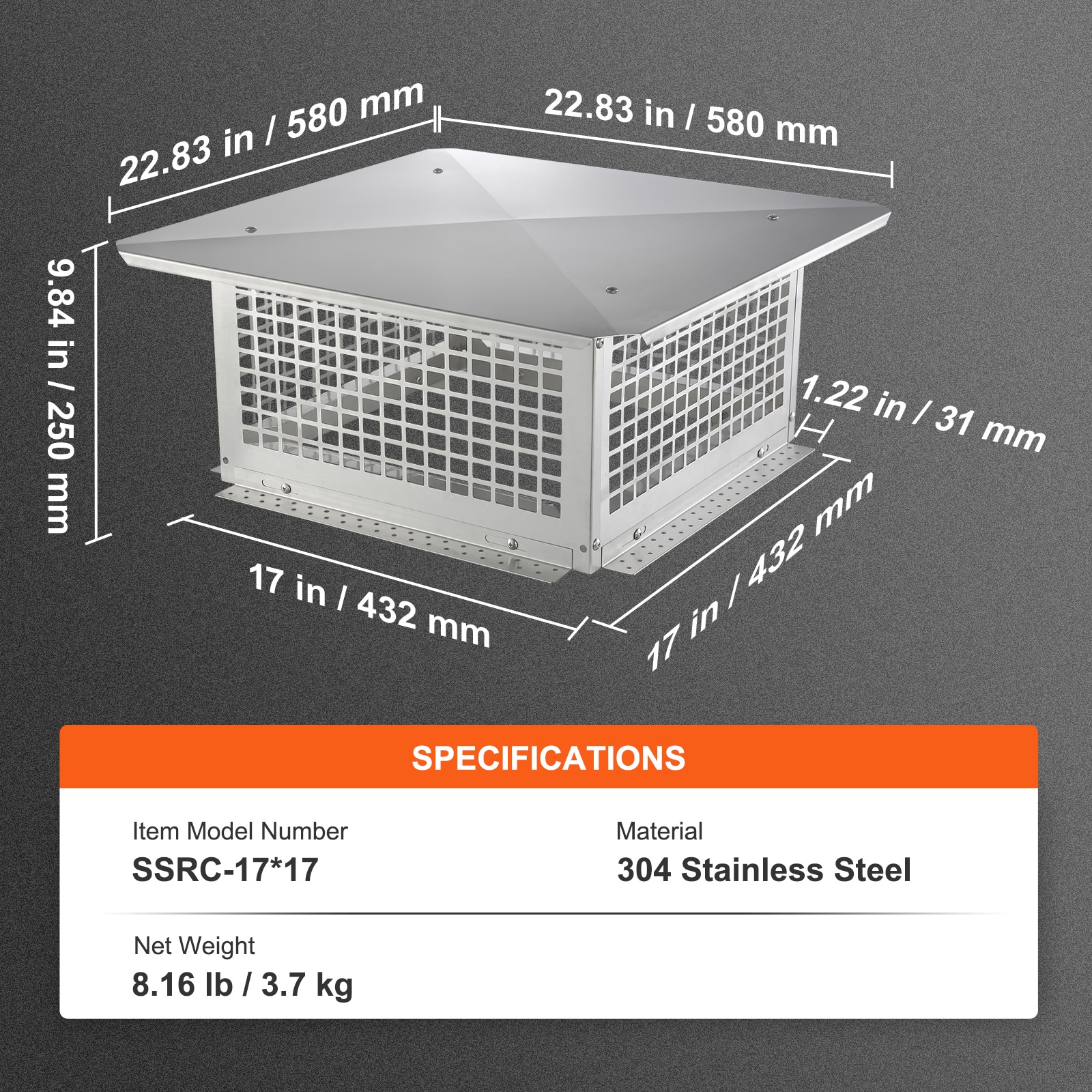 Silver Stainless Steel Square Chimney Cap with Mesh Cover