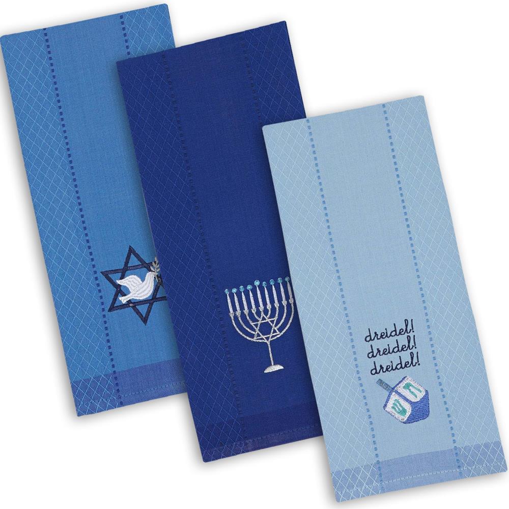 DII CAMZ35804 Assorted Blue Hanukkah Embroidered Dishtowels (Set of 3)