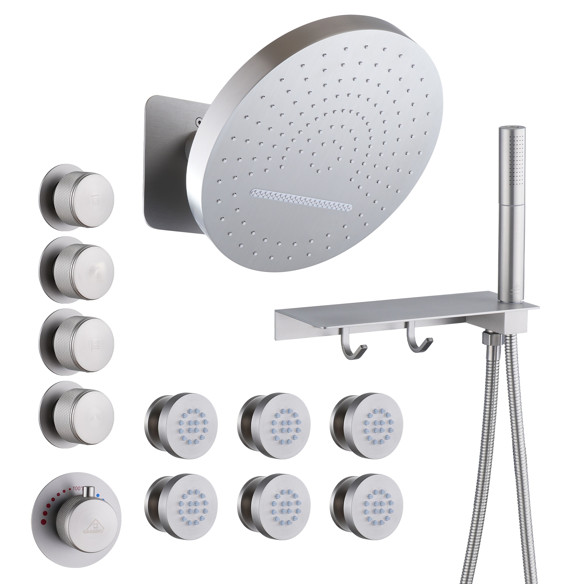 CASAINC KCHS0005-12BN Brushed Nickel 12.6-in Waterfall Built-In Shower Faucet System with 3-way Diverter ( Thermostatic Valve Included )