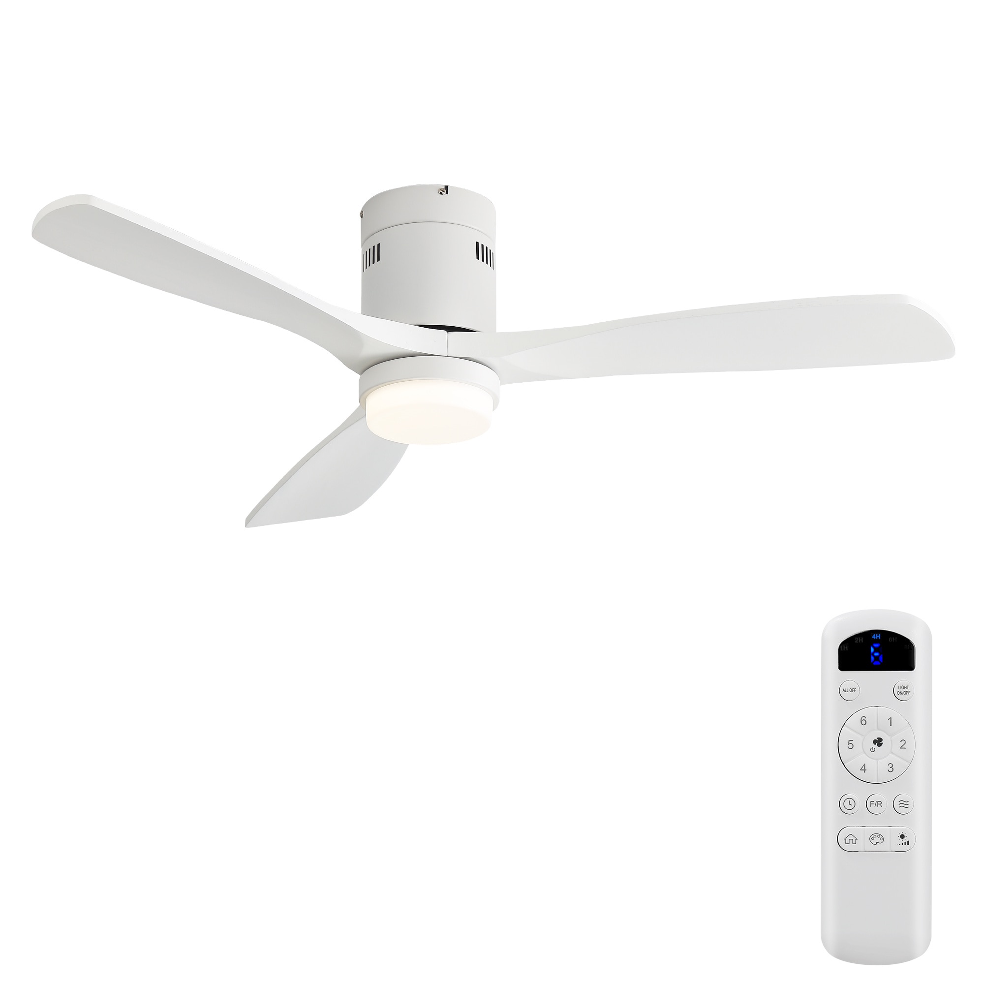 BABOOM - Low Profile Ceiling Fan 52-in White LED Flush Mount Ceiling Fan With Light and Remote Co...