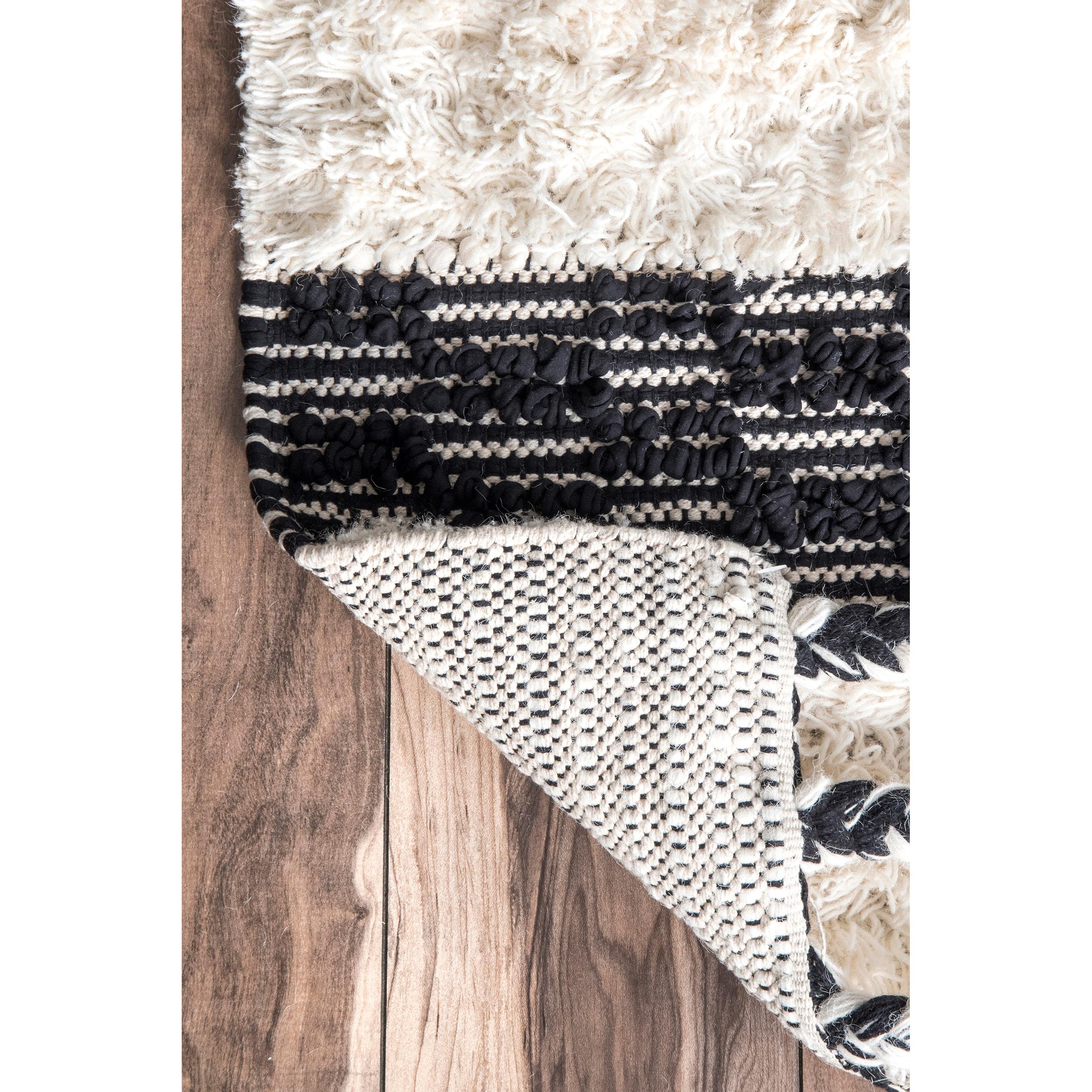 Ivory Striped Tufted Wool Shag Area Rug 5' x 8'