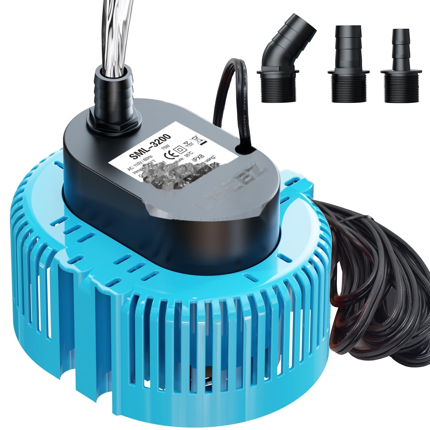 CYIKE  Pool Cover Pump 850GPH Submersible Water Pump for Pool Draining Above Ground Pools Ponds 3 Detachable Adapters Included