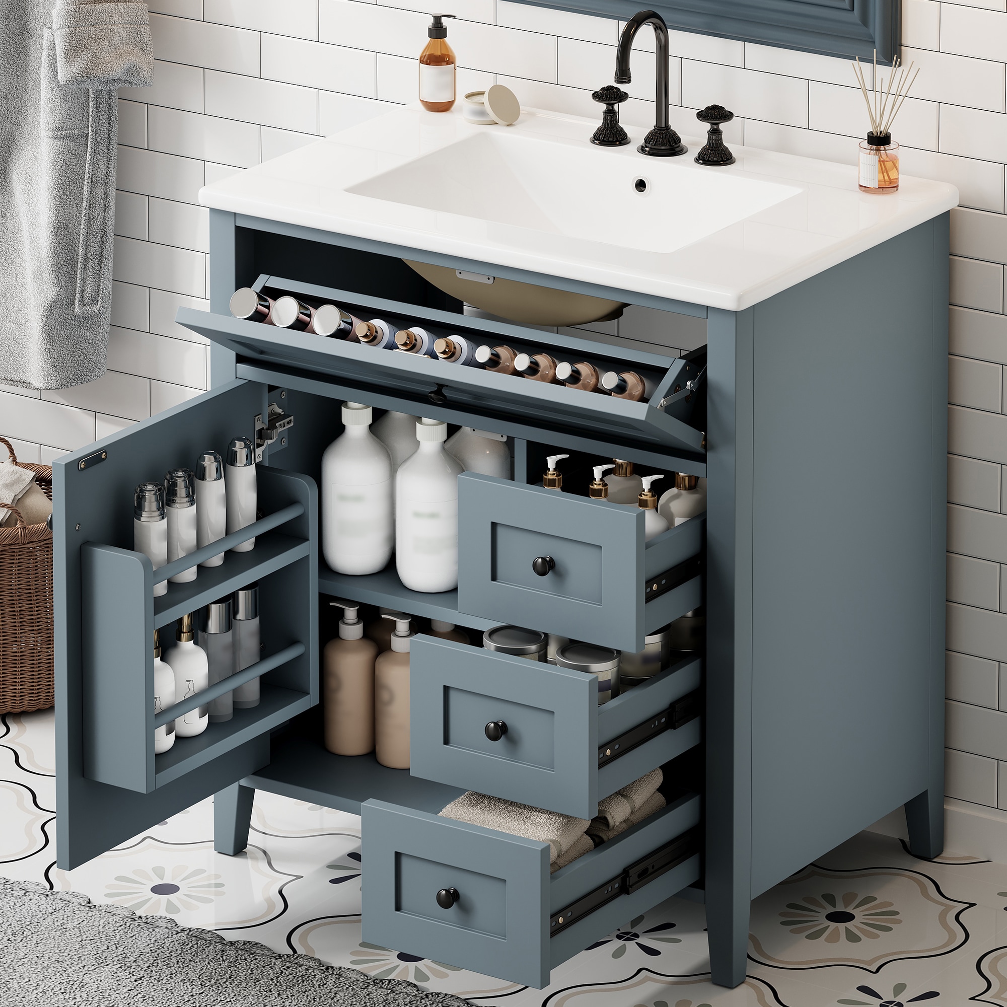 Qualler  30 Inch Bathroom Vanity with Sink and 3 Drawers Adjustable Shelf Left Door - BlueGray