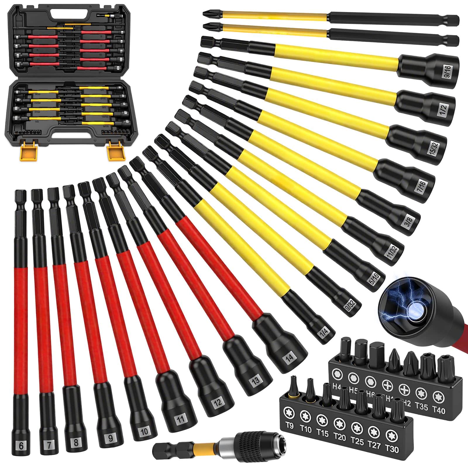 Etokfoks 35 Piece Magnetic Nut Driver Bit Set Extra Long SAE Metric PH1 PH2 Screwdriver Bits 1/4 Inch Drive Shank for Impact Drill #LET0303N15