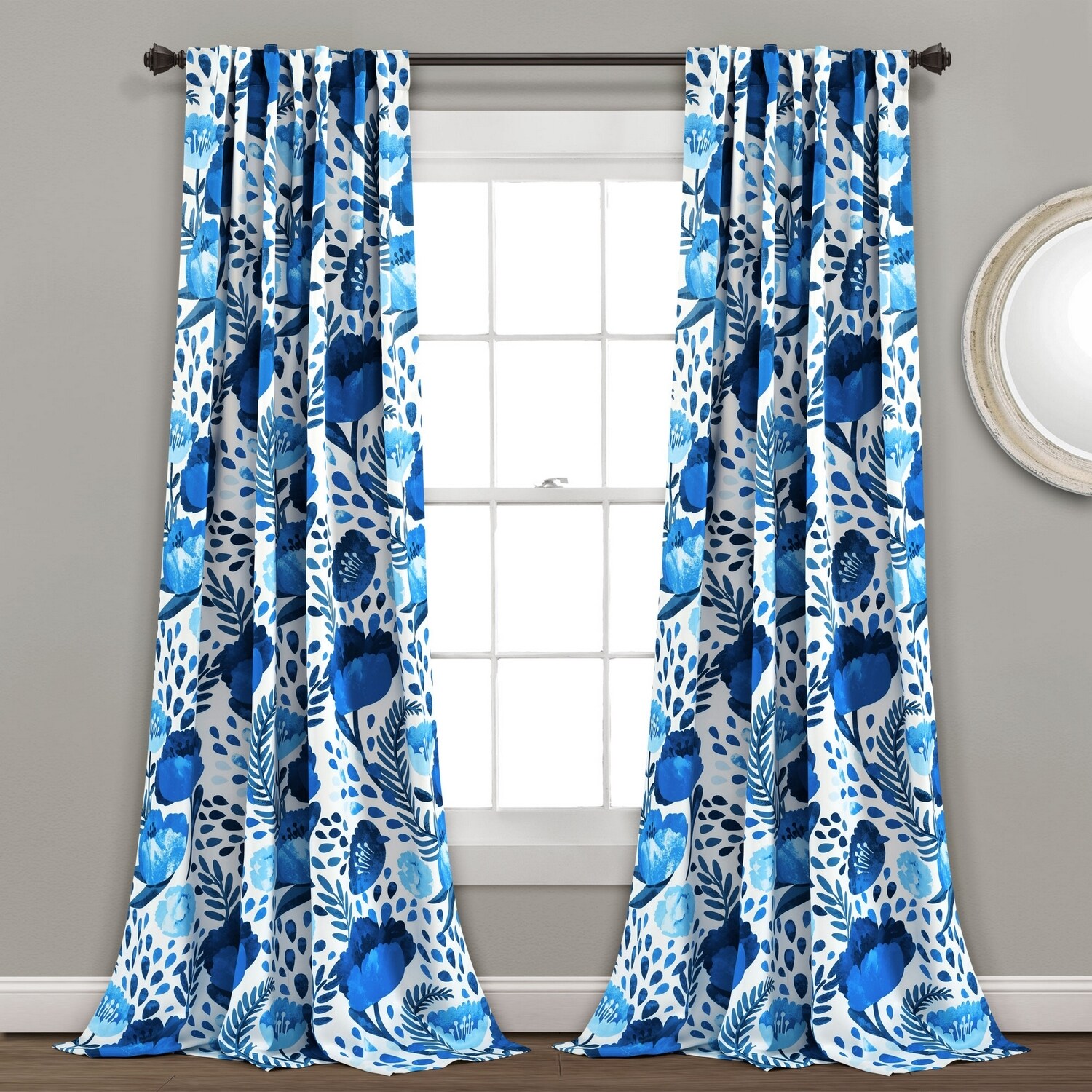 Lush Decor 16T005006 95-Inches Blue Floral Light filtering Back tab/Pinch pleat/Rod pocket Curtain panel pair