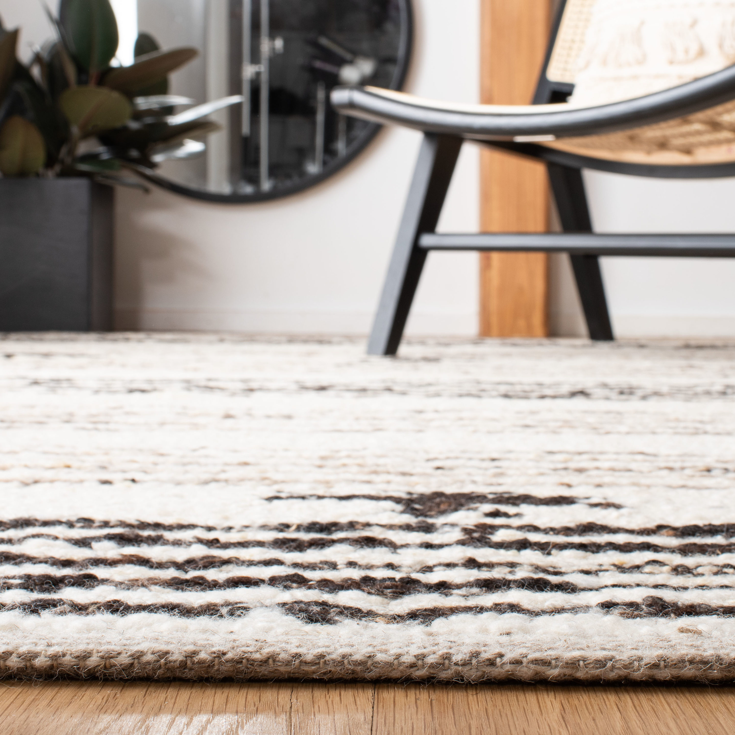 Handmade Black and Ivory Wool Cotton Striped Rug, 5' x 8'
