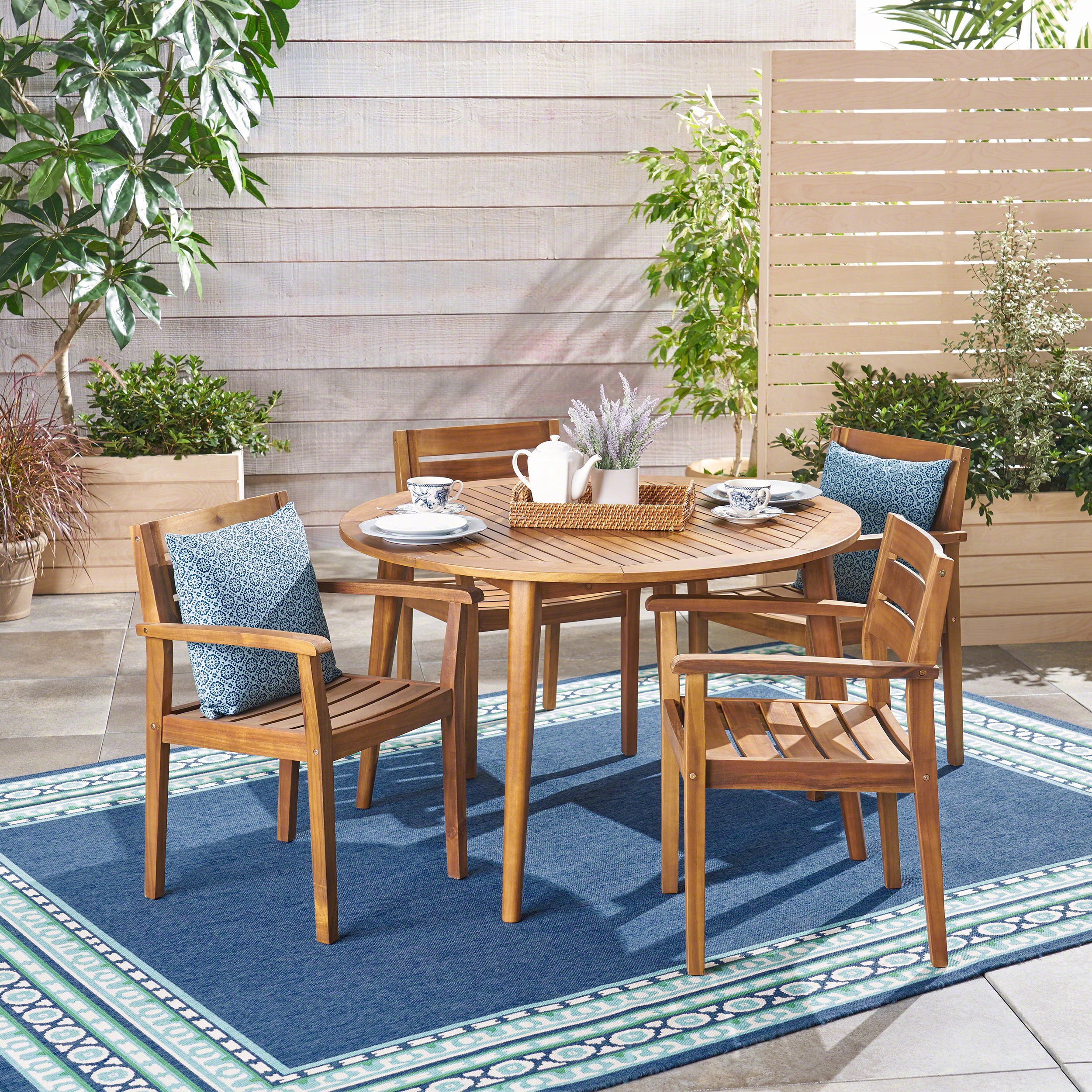 Best Selling Home Decor 5-Piece Brown Patio Dining Set Wood Round Table ...