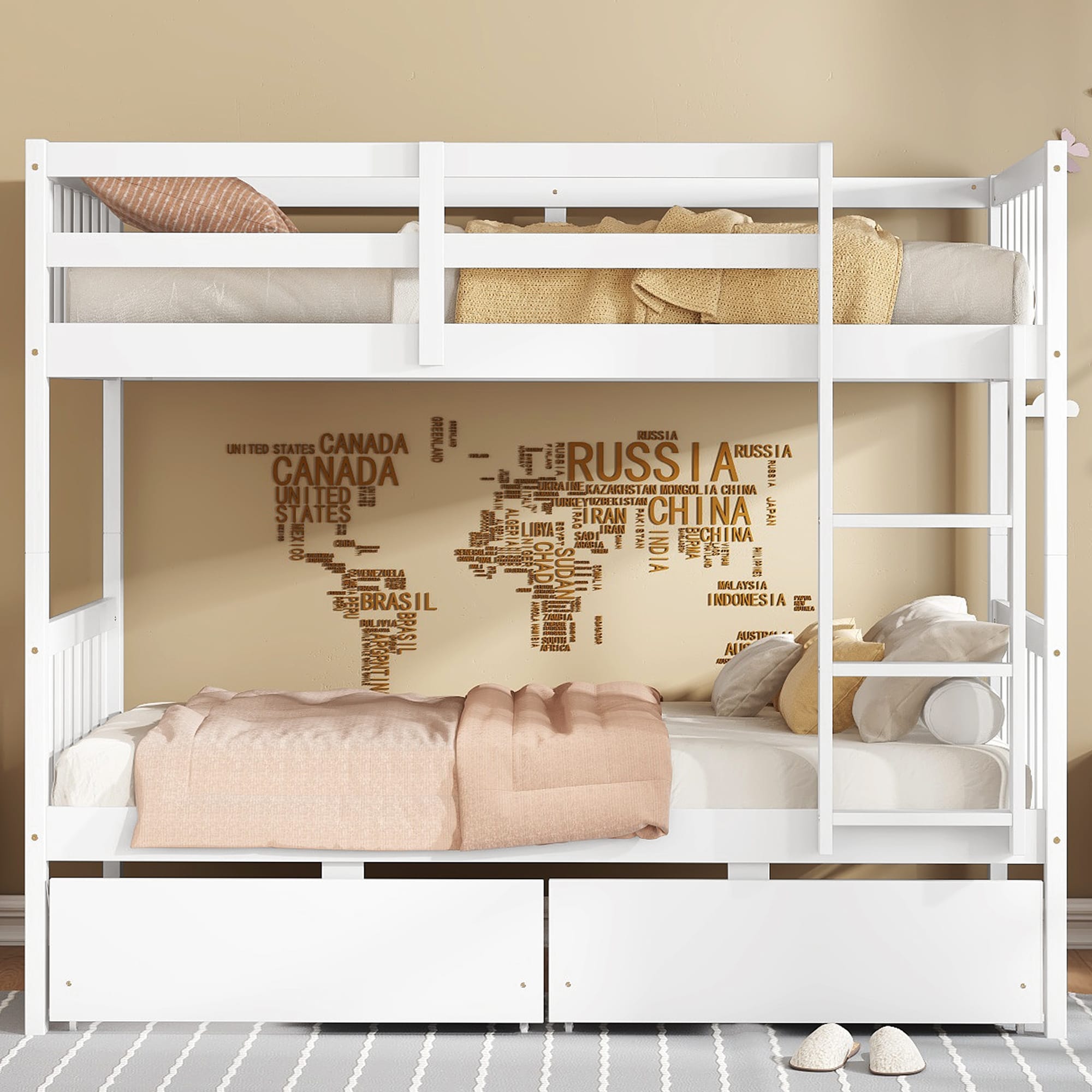 Bellemave - Twin over Twin Bunk Bed with 2 Drawers Convertible Bunk Bed with Ladder and Safety Gu...