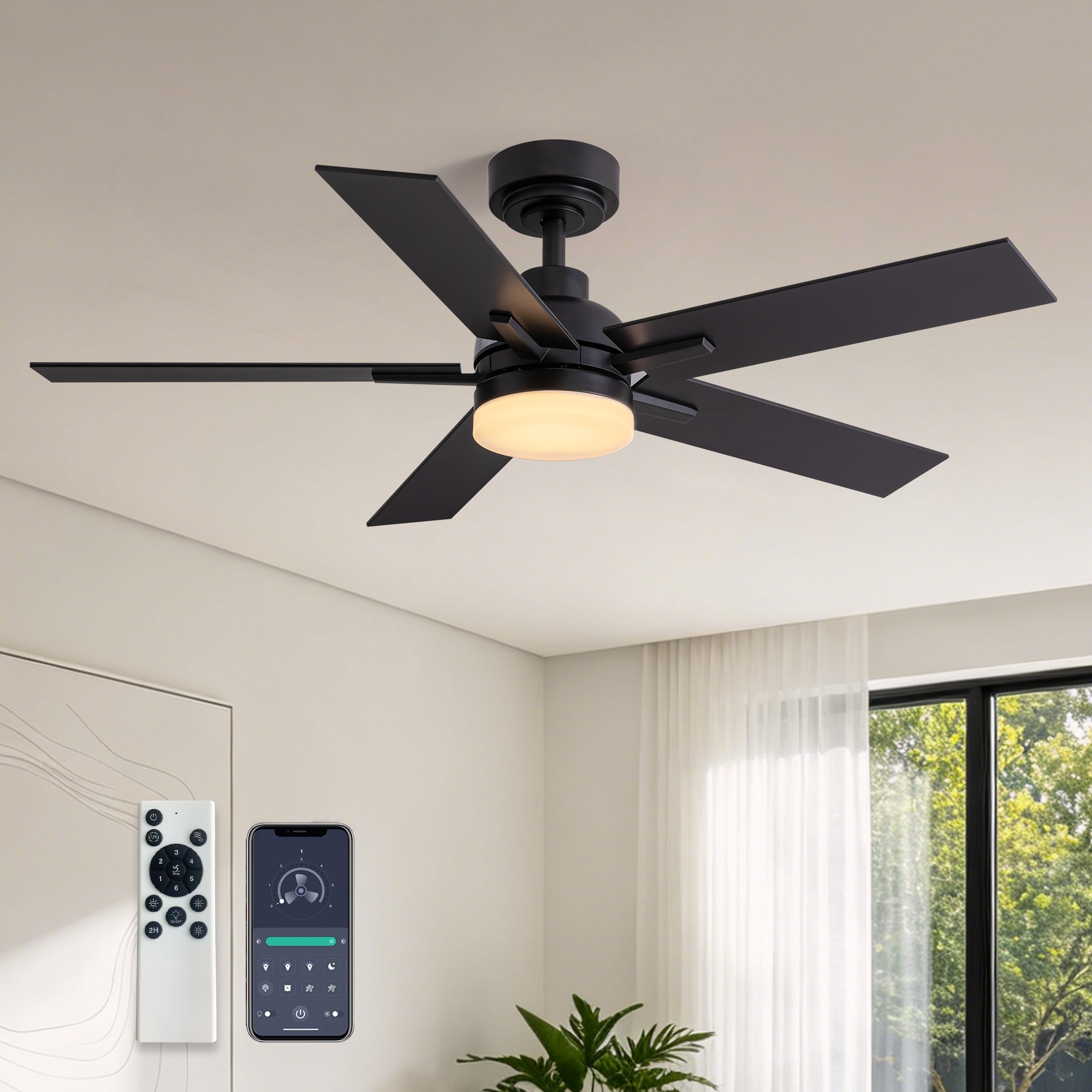 FANNEHONNE 44-in. Modern Smart Black Indoor Ceiling Fan with Dimmable LED Light and Remote Control