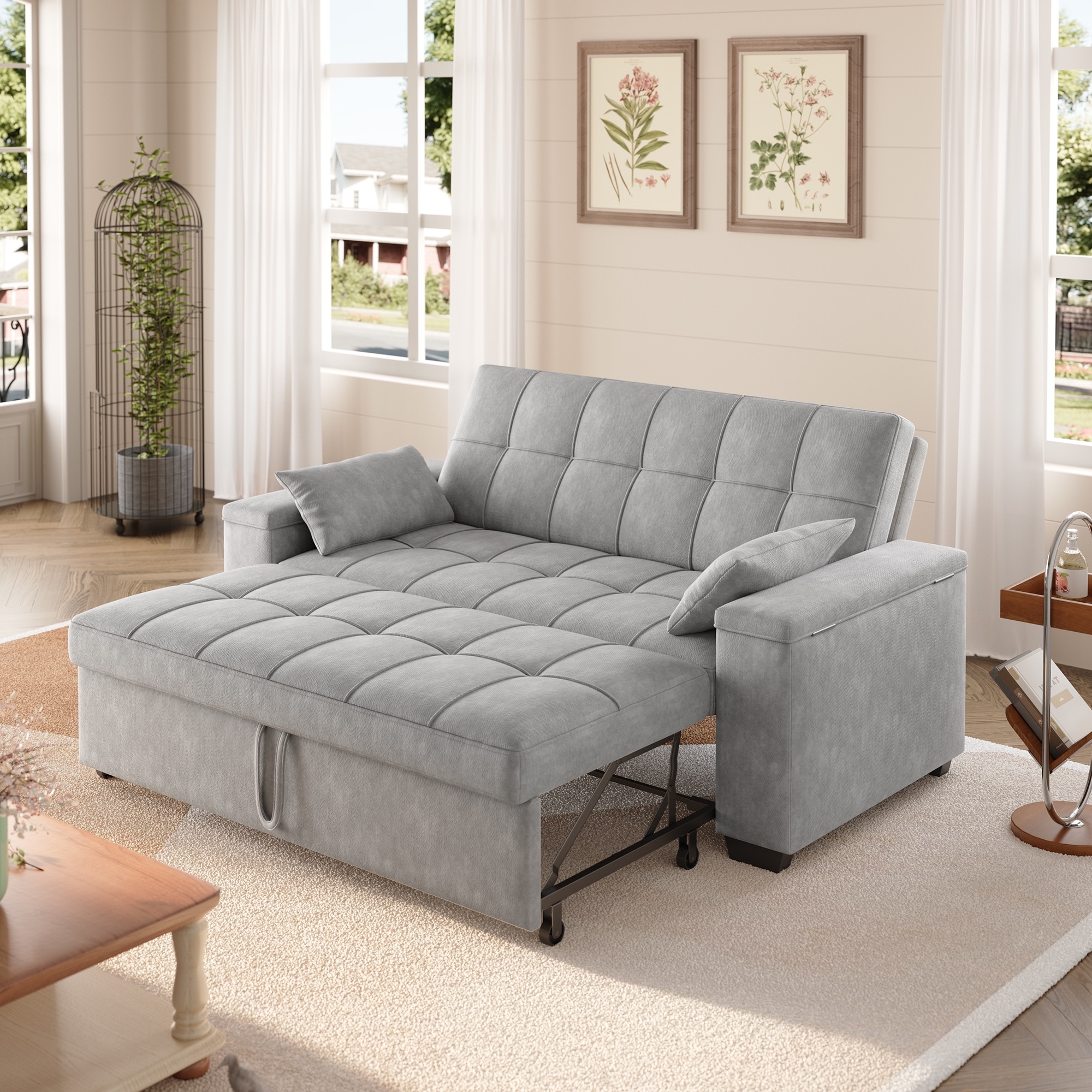 Lofka - 64-Inch 3 In 1 Convertible Sofa Bed with 600 lbs Capacity Pull Out Couch with 2 Storage A...