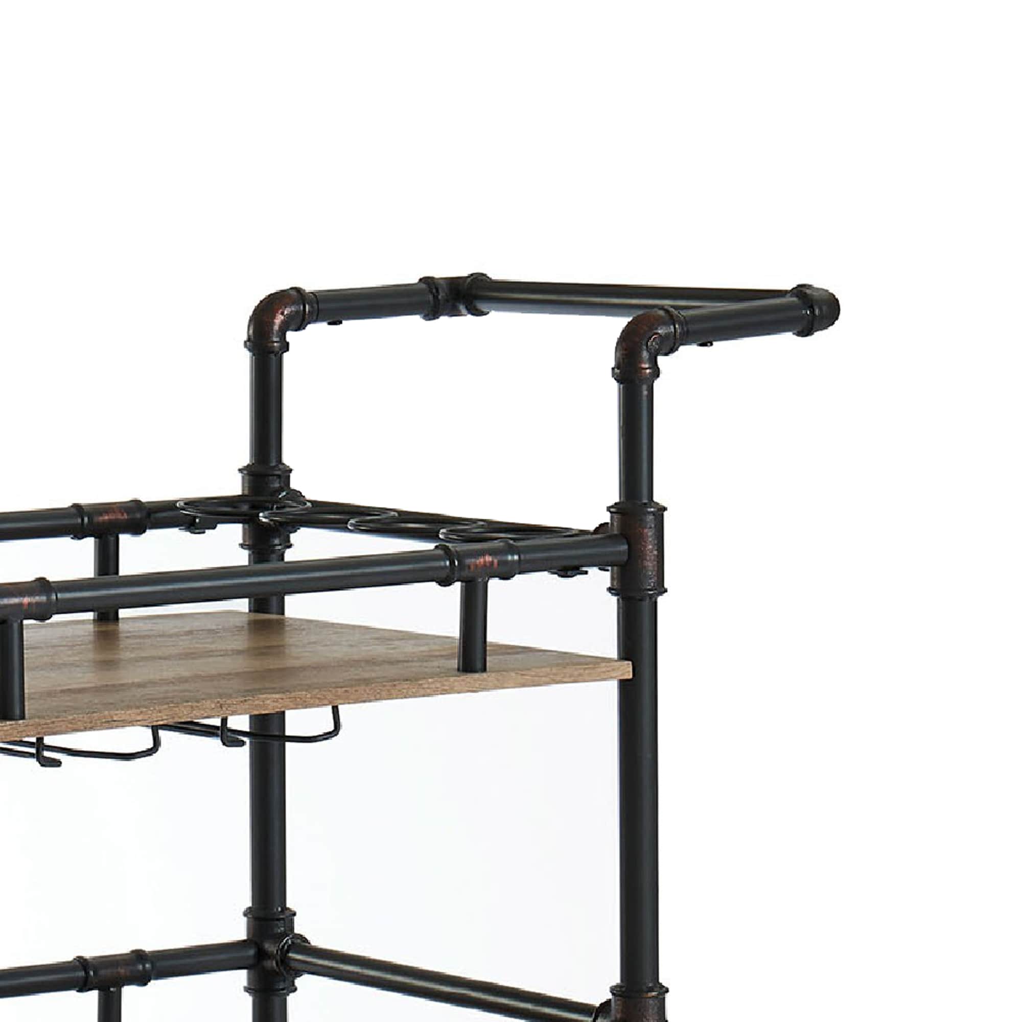 Rustic Black and Brown Three-Tier Wooden Serving Cart with Casters