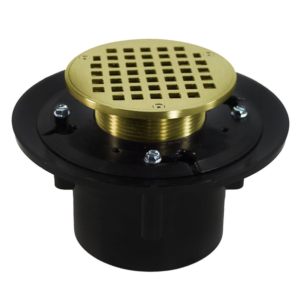 Jones Stephens 3 inch x 4 inch Heavy Duty ABS Floor Drain Base with 3-1/2 inch Metal Spud, 8-1/2 inch Pan and 6 inch Polished Brass Round Strainer -  D49162