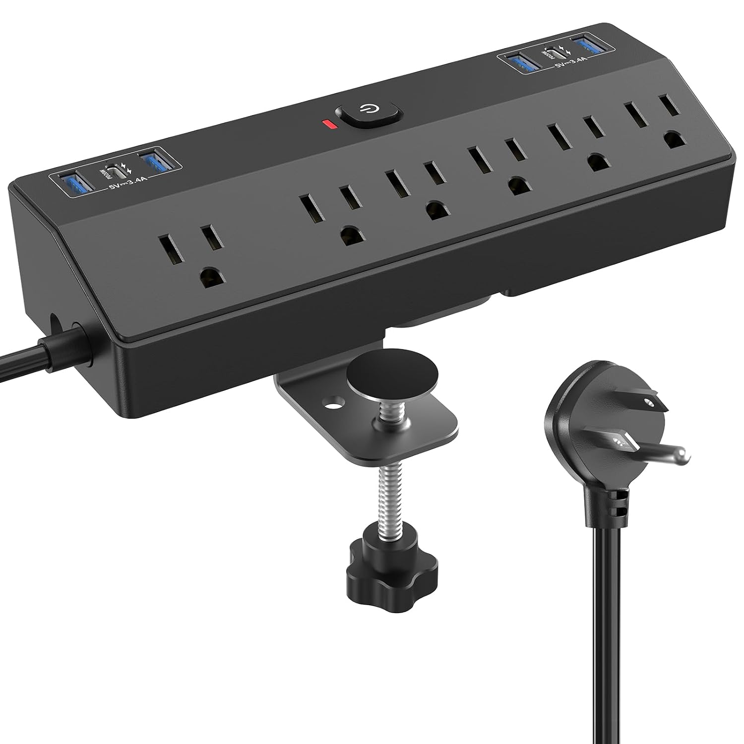 LENCENT Desk Clamp Power Strip 10 Ft Cord 12-Outlet 6 AC Outlets 6 USB Ports 2 PD 20W USB-C Fast Charging 1800J Surge Protection Black