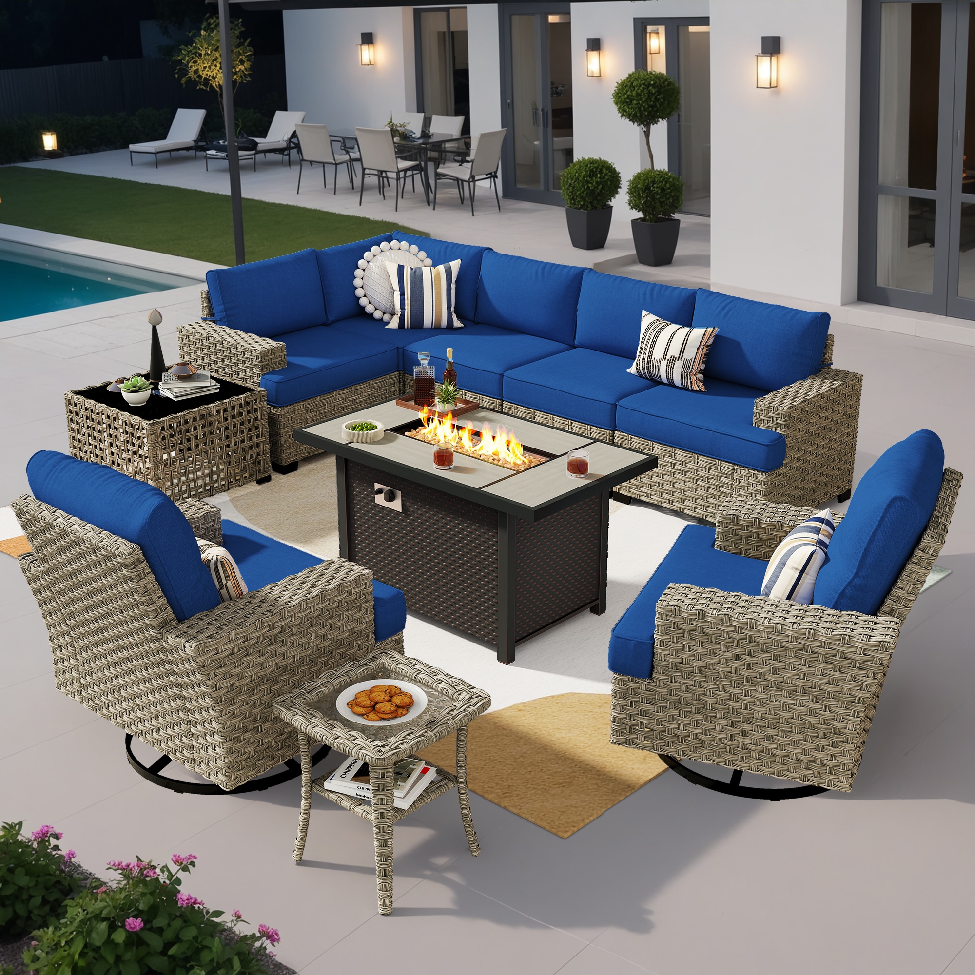 Pouuin SDFPTYZBS709 Wicker Outdoor Sectional with Navy Cushions and Wicker Frame