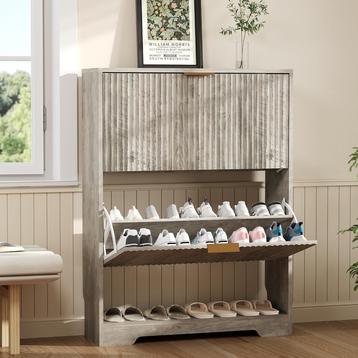 IdealHouse Space Saving Fluted Shoe Storage Cabinet for Entryway 2 Turn Drawers Adjustable Open Shelf Narrow Modern Wooden Shoe Rack Organizer for Hallway Foyer Gray
