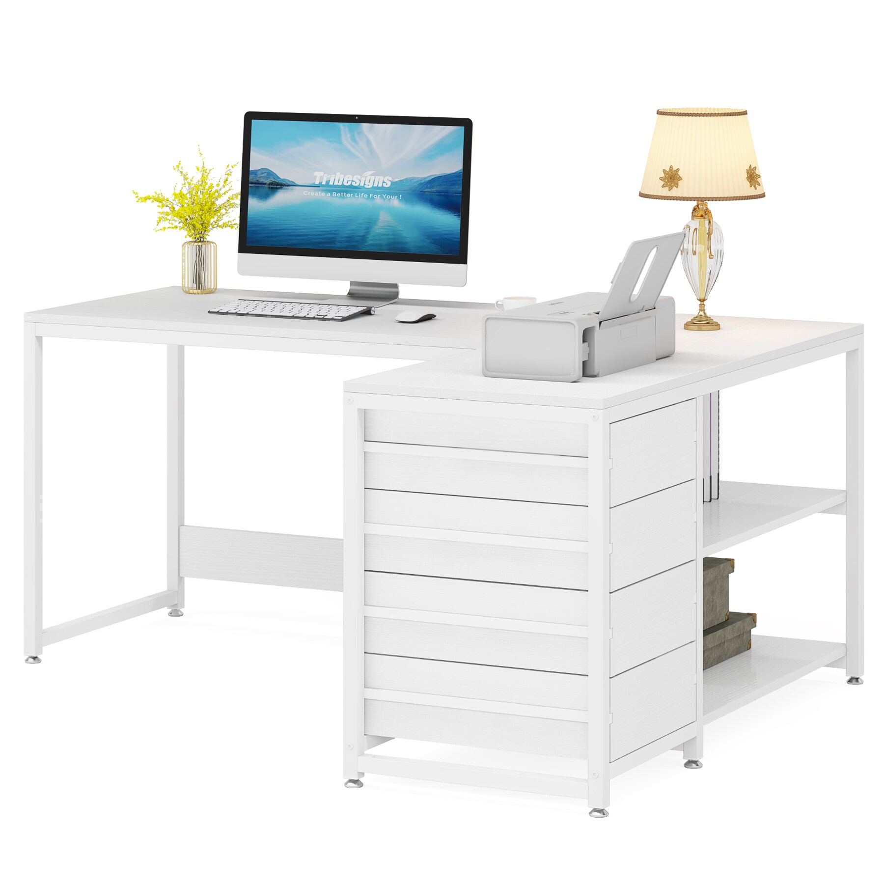 Tribesigns 59 inch W White L Shaped Computer Desk Writing Table