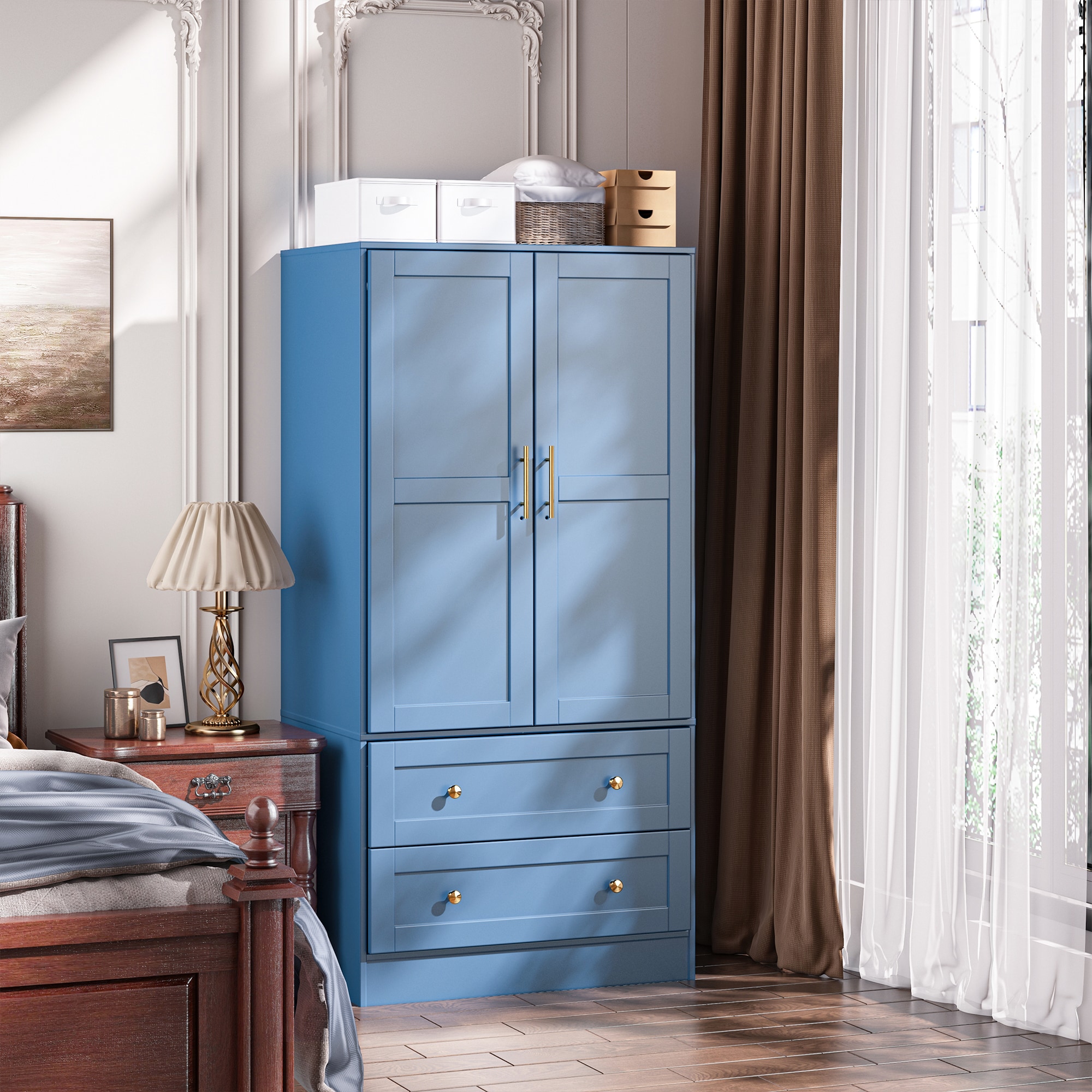 LOVMOR SF-R-YGX-BXG Shaker Style Classic Two-Door Wardrobe Solid Wood Bedroom Armoire with Hanging Rod and Shelves