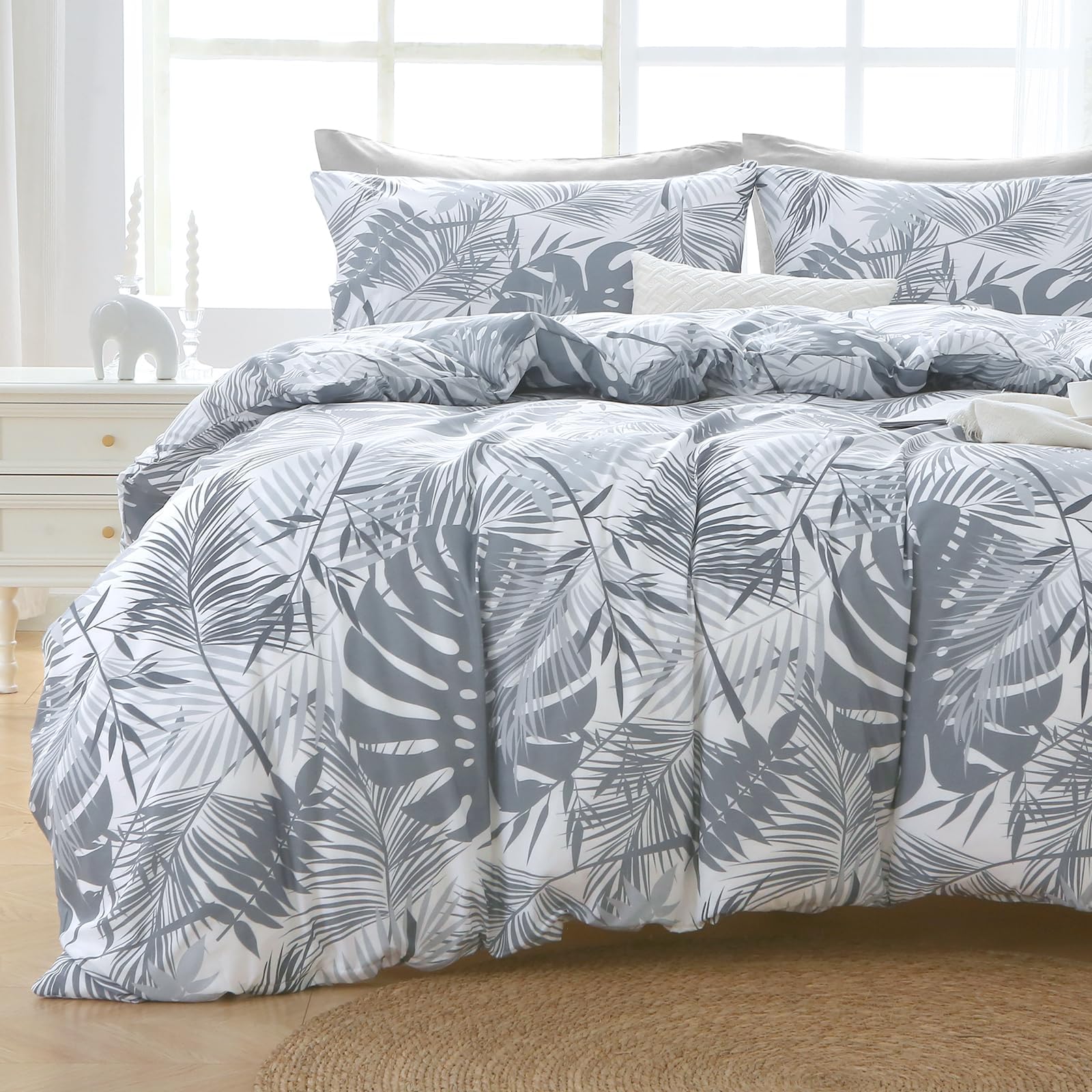 OMOMMD Black Grey Leaves King 104 x 90 in 7 Piece Sage Green Reversible Botanical Floral Ultra Soft Breathable Microfiber Bed In A Bag Comforter Set #5749848217588