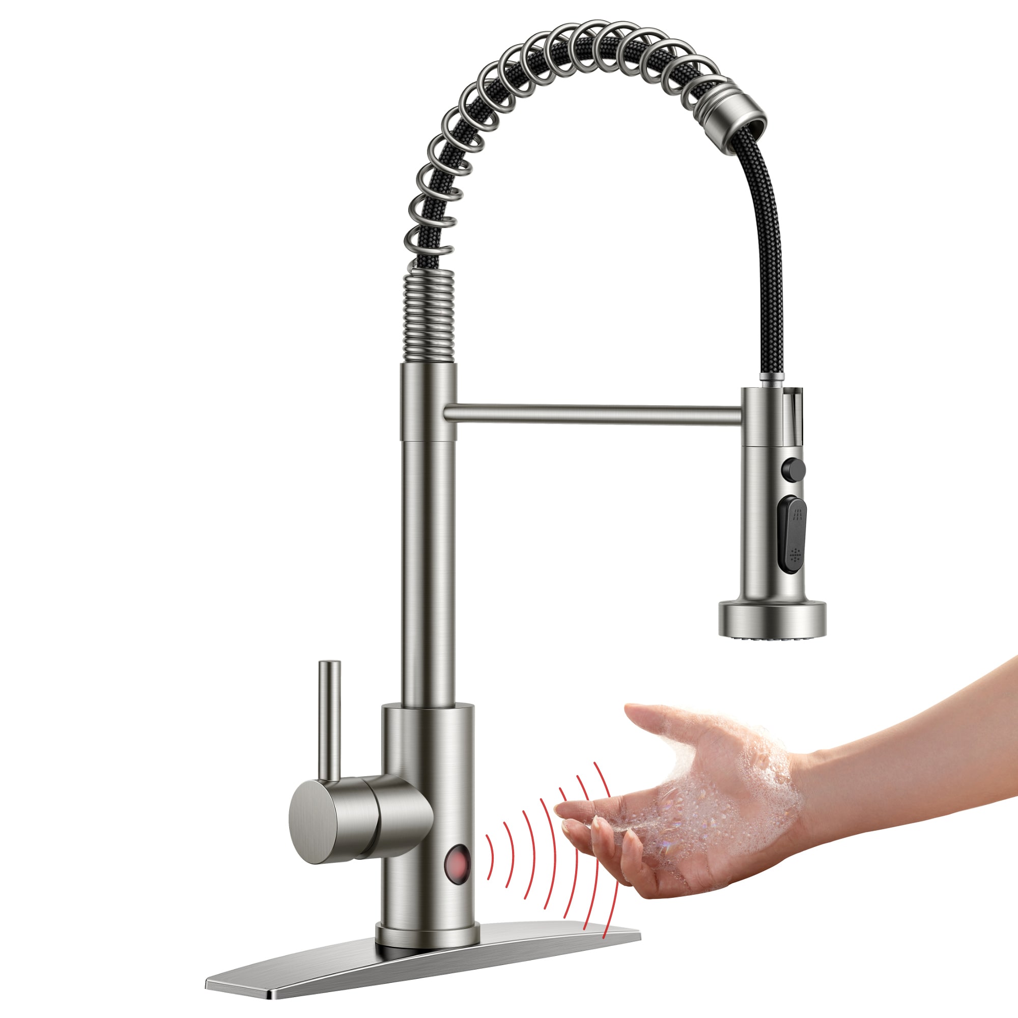FURUISI L4BN-TL Brushed Nickel Single Handle Deck-mount Touchless Pull-down Kitchen Faucet with Sprayer ( Deck Plate Included )