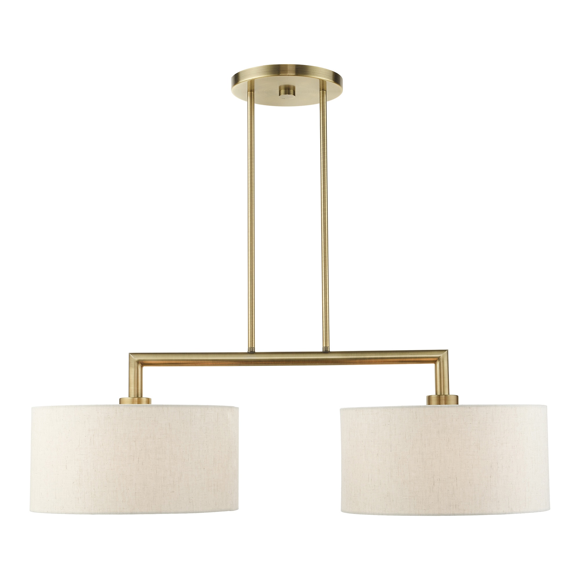 Antique Brass Dual-Light Linear Chandelier with Oatmeal Shades