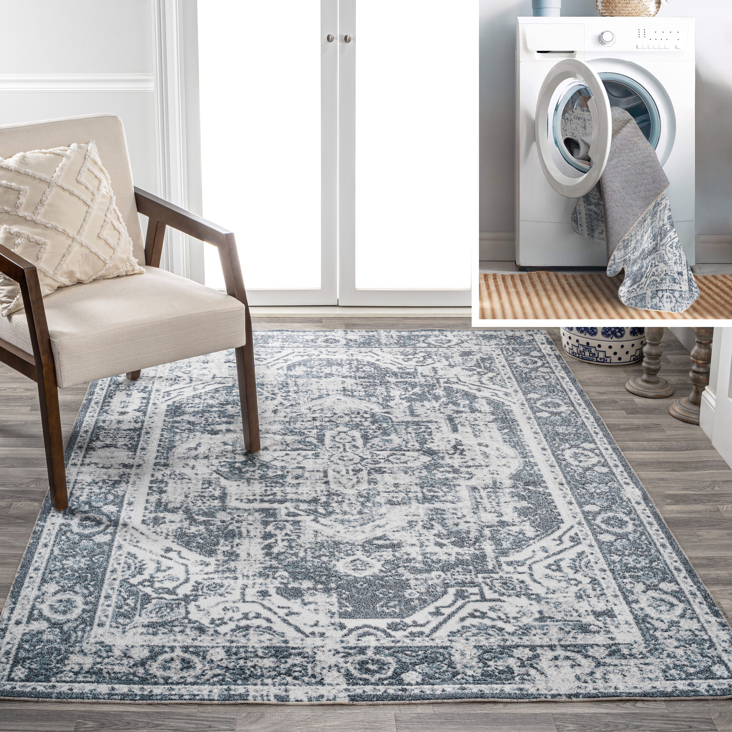 JONATHAN  Y WSH316B-8 WASHABLE Keesha Bold Distressed Medallion Low-Pile 8 x 10 (ft) Loomed Polyester Cream/Blue Rectangular Indoor Medallion French Country Machine washable Area rug