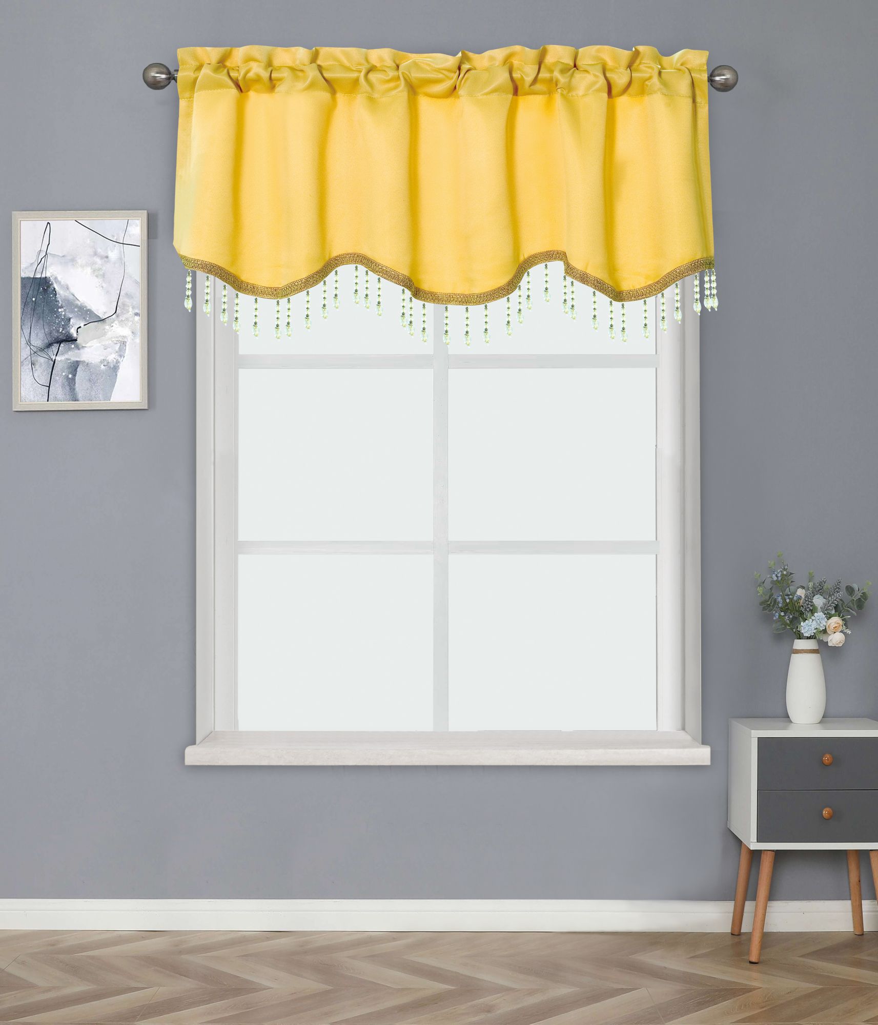 KATE AURORA Luxurious Solid Colored Scalloped Rod Pocket Window Valance With Crystal Beaded Trim Yellow