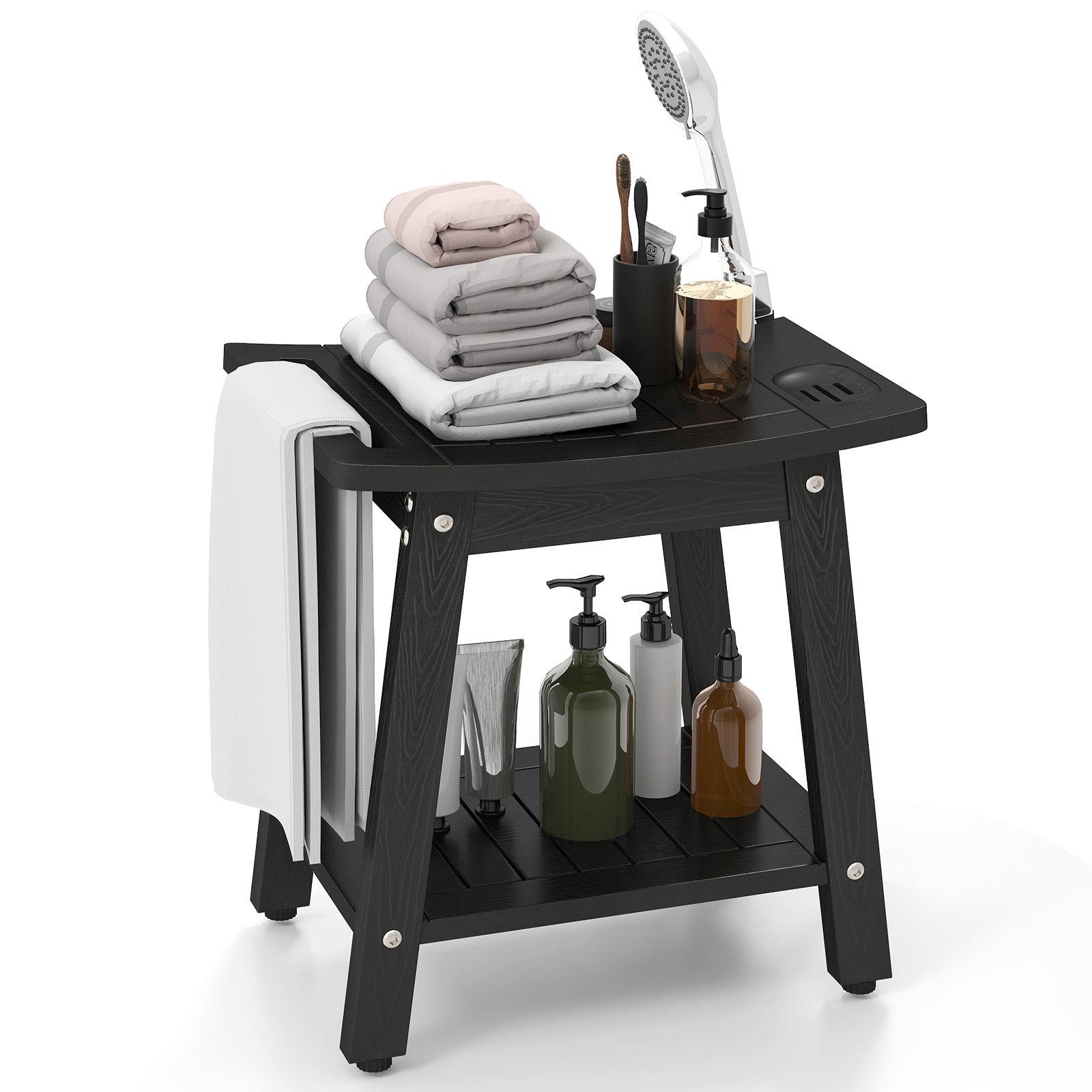 Slickblue Curved Shower Bench with Shelf - HIPS and Stainless Steel Shower Stool for Bathroom and Outdoor - Available in 4 colors #D-CO-SH7528AB