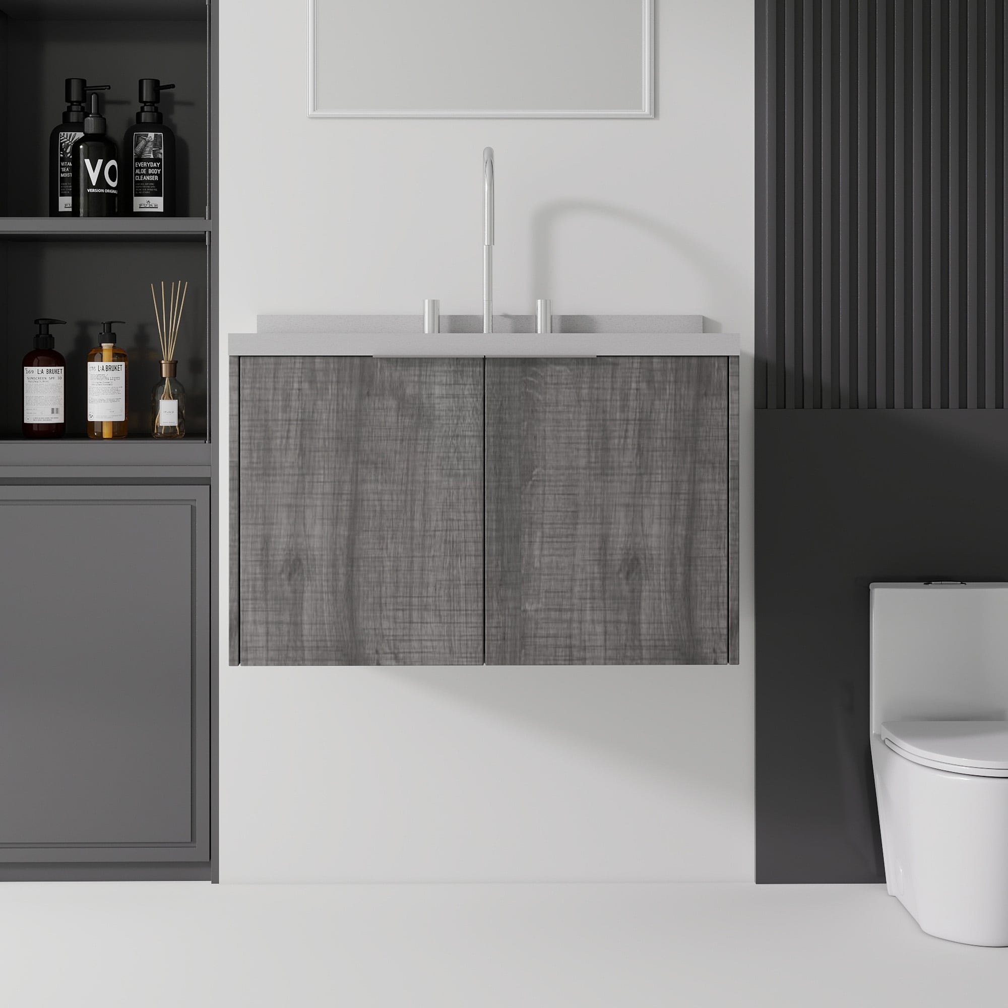 Basdien 30 in Light Gray Floating Bathroom Vanity with Granite White ...