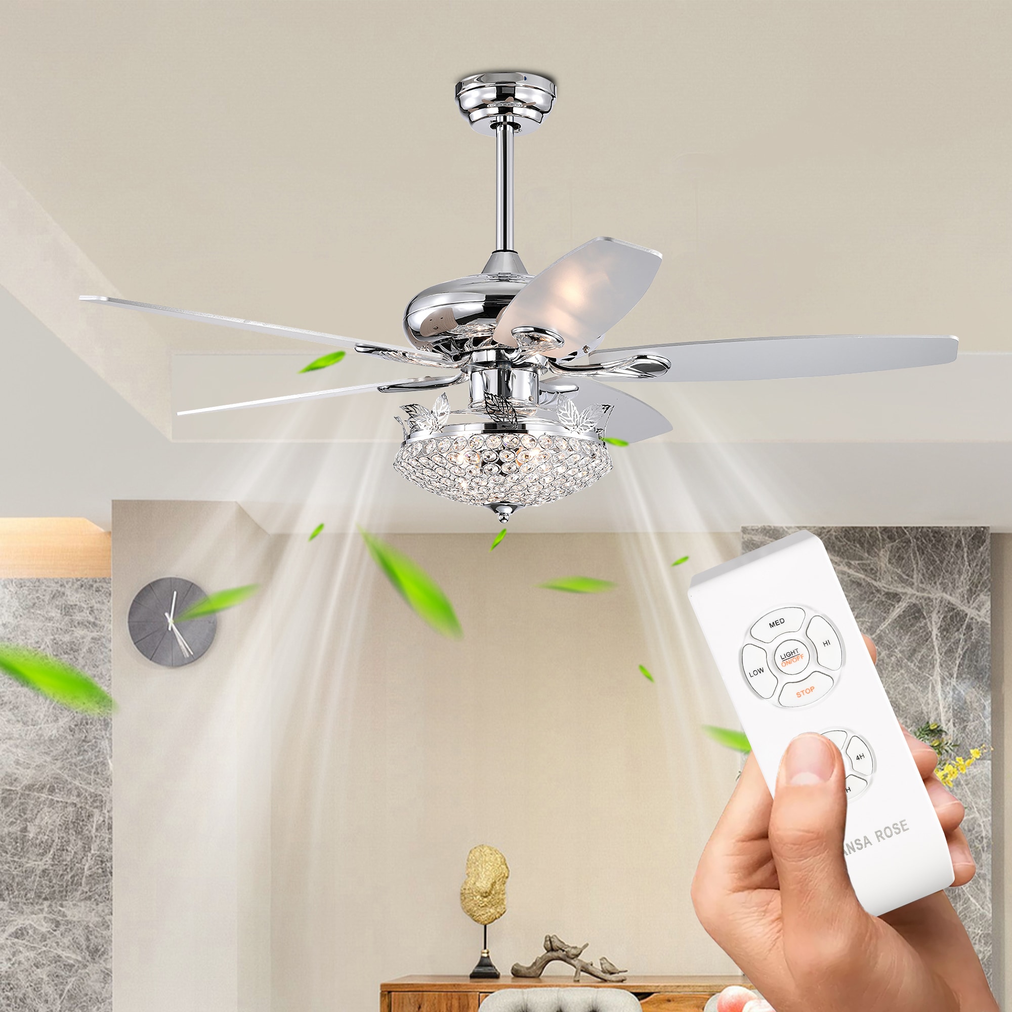ExBrite DICF0085 52-Inches Polished Chrome with Indoor Downrod mount Chandelier Ceiling Fan With Light and Remote ( 5 -Blade)