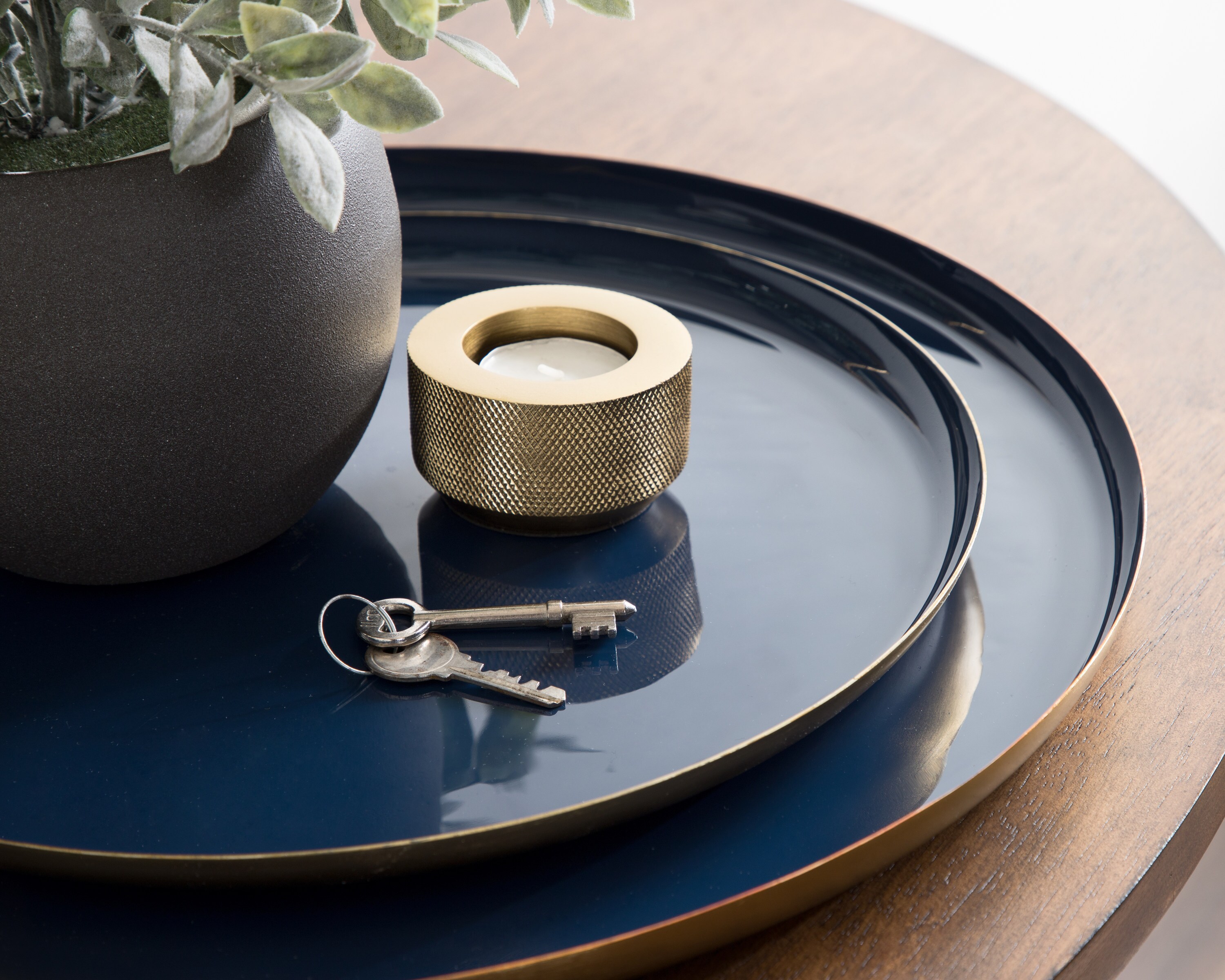 Navy Blue and Gold Round Metal Tray Set, 2 Piece