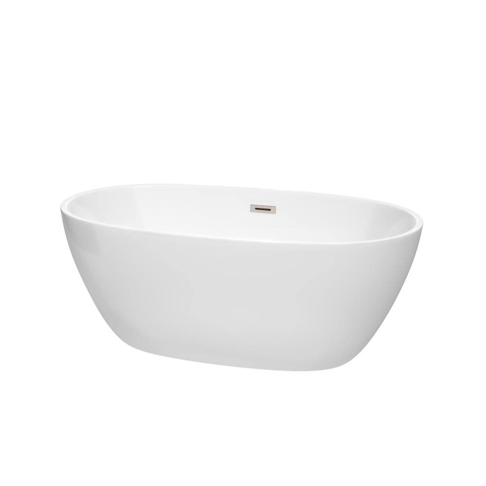 Wyndham Collection WCBTK156159BNTRIM Juno 32-Inches x 59-Inches White with Brushed Nickel Trim Acrylic Oval Freestanding Soaking bathtub Drain ( Center Drain )