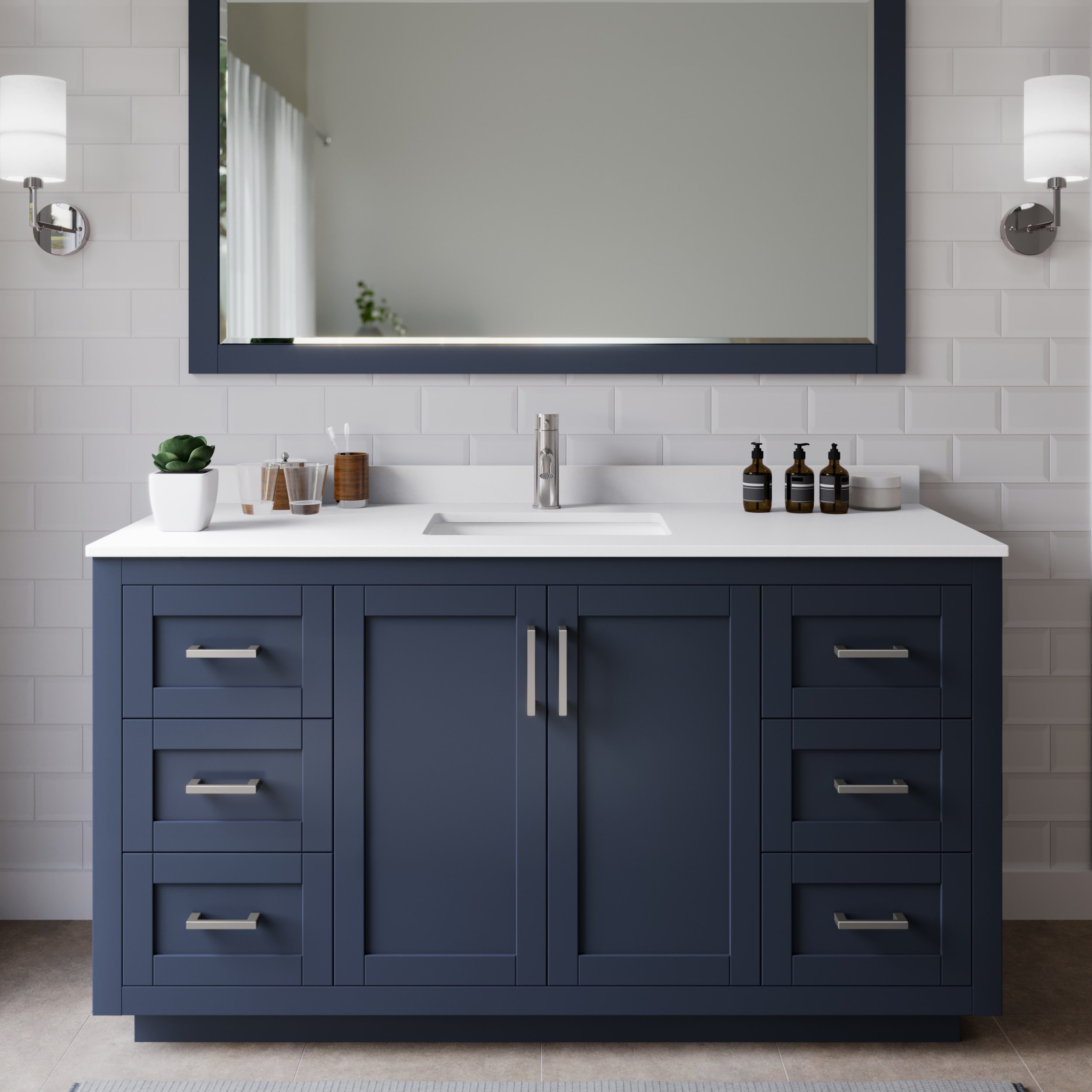 Wyndham Collection WCF292960SBNWCUNSMXX Miranda 60-in Dark Blue with Brushed Nickel Trim Undermount Single sink Bathroom Vanity with White Cultured Marble Cultured marble Top