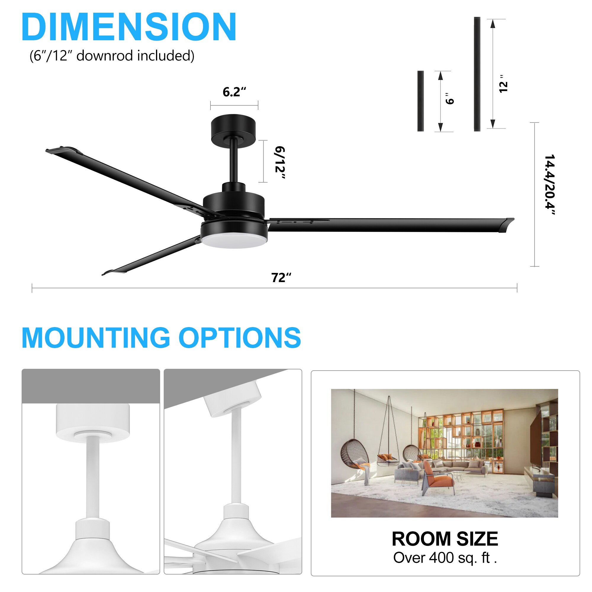 72-Inch Matte Black Ceiling Fan with LED Light and Remote