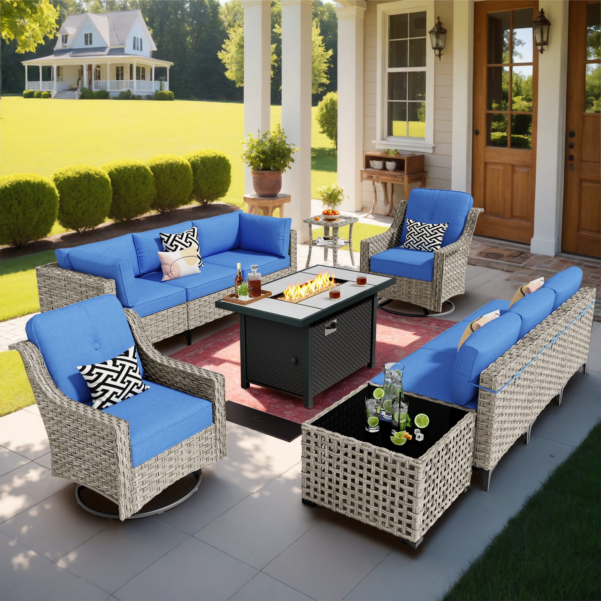 Caodoc L5-CFP03-YZSKT511-1 SKT Rattan Outdoor Sectional with Blue Cushions and Rattan Frame